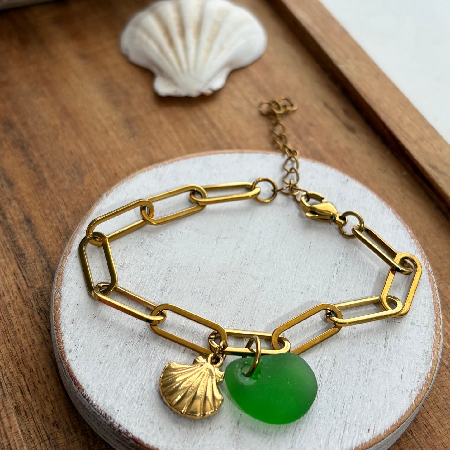18K Gold PVD Sea Glass & Shell Paperclip Bracelet