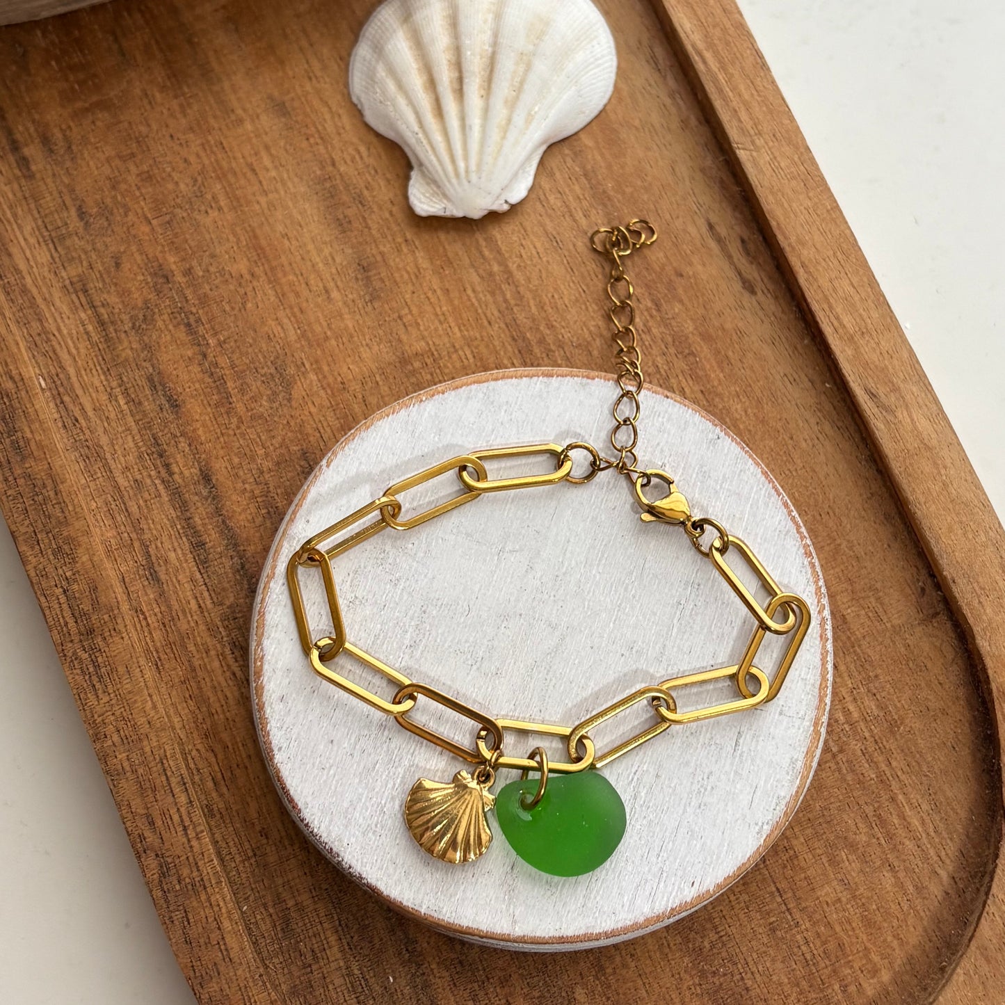 18K Gold PVD Sea Glass & Shell Paperclip Bracelet