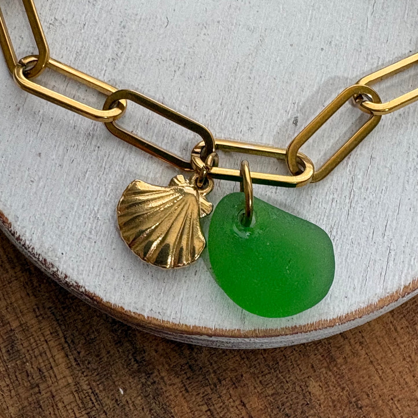 18K Gold PVD Sea Glass & Shell Paperclip Bracelet