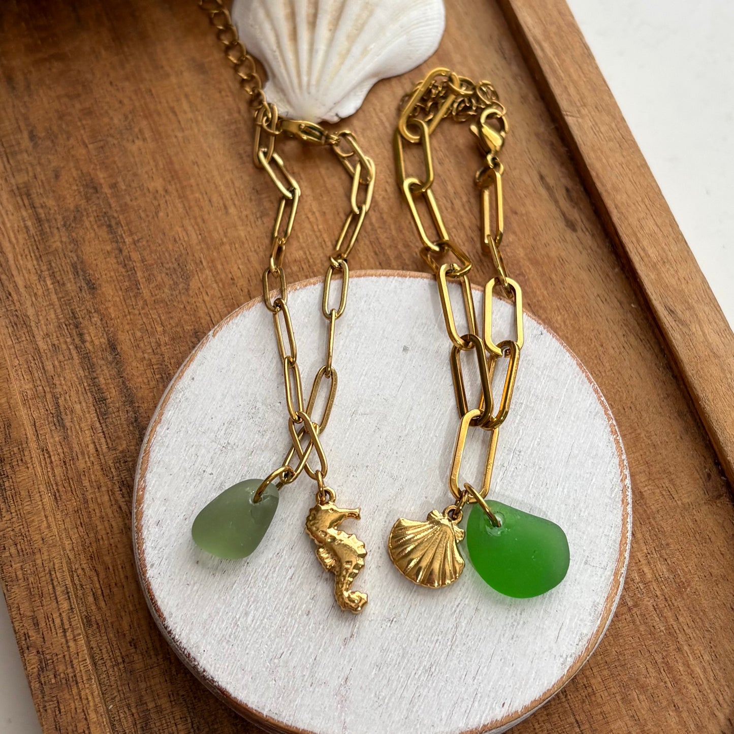 18K Gold PVD Sea Glass & Shell Paperclip Bracelet