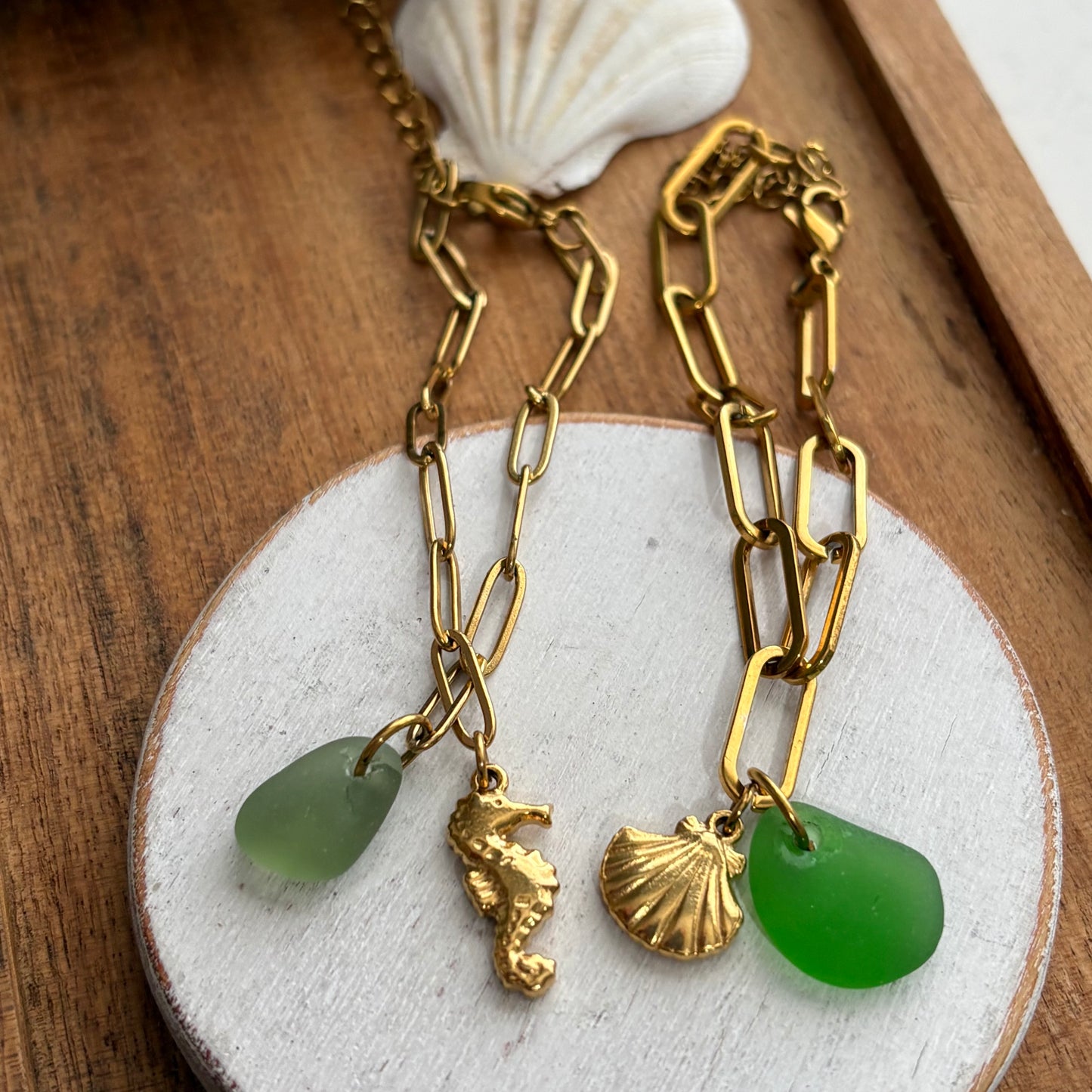 18K Gold PVD Sea Glass & Sea Horse Paperclip Bracelet