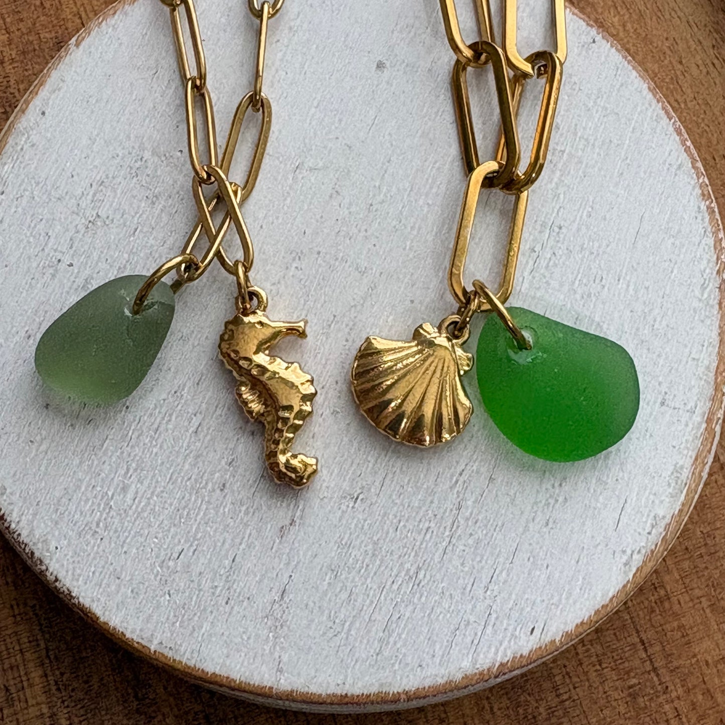 18K Gold PVD Sea Glass & Shell Paperclip Bracelet