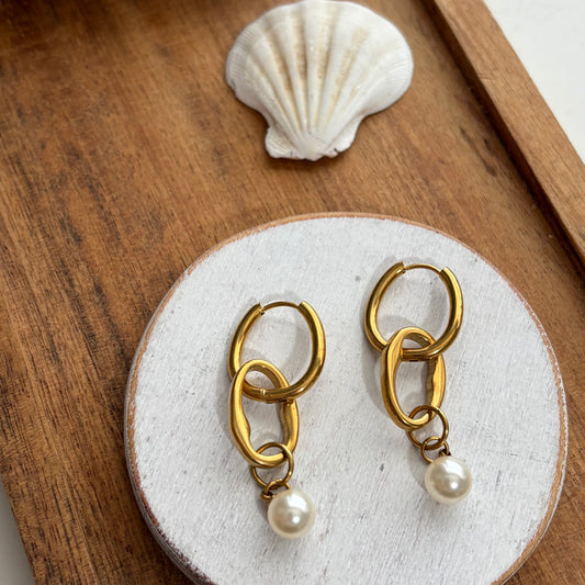 Gold Paperclip Huggie Pearl Earrings | 2” Dangle Coastal Statement Earrings