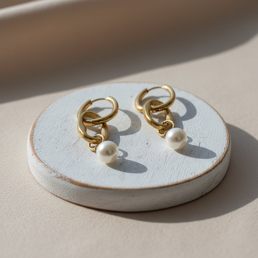 Gold Paperclip Huggie Pearl Earrings | 2” Dangle Coastal Statement Earrings
