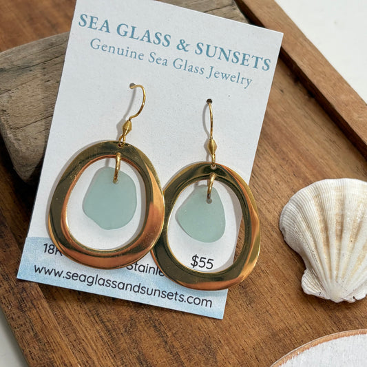 Organic Round Gold Sea Glass Earrings | Handmade Coastal 2” Dangle Earrings