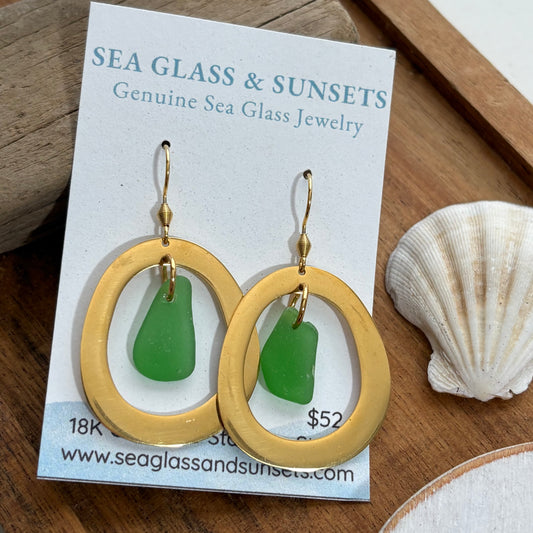 Kelly Green Sea Glass Earrings | Organic Round Gold 2” Handmade Coastal Dangle Earrings