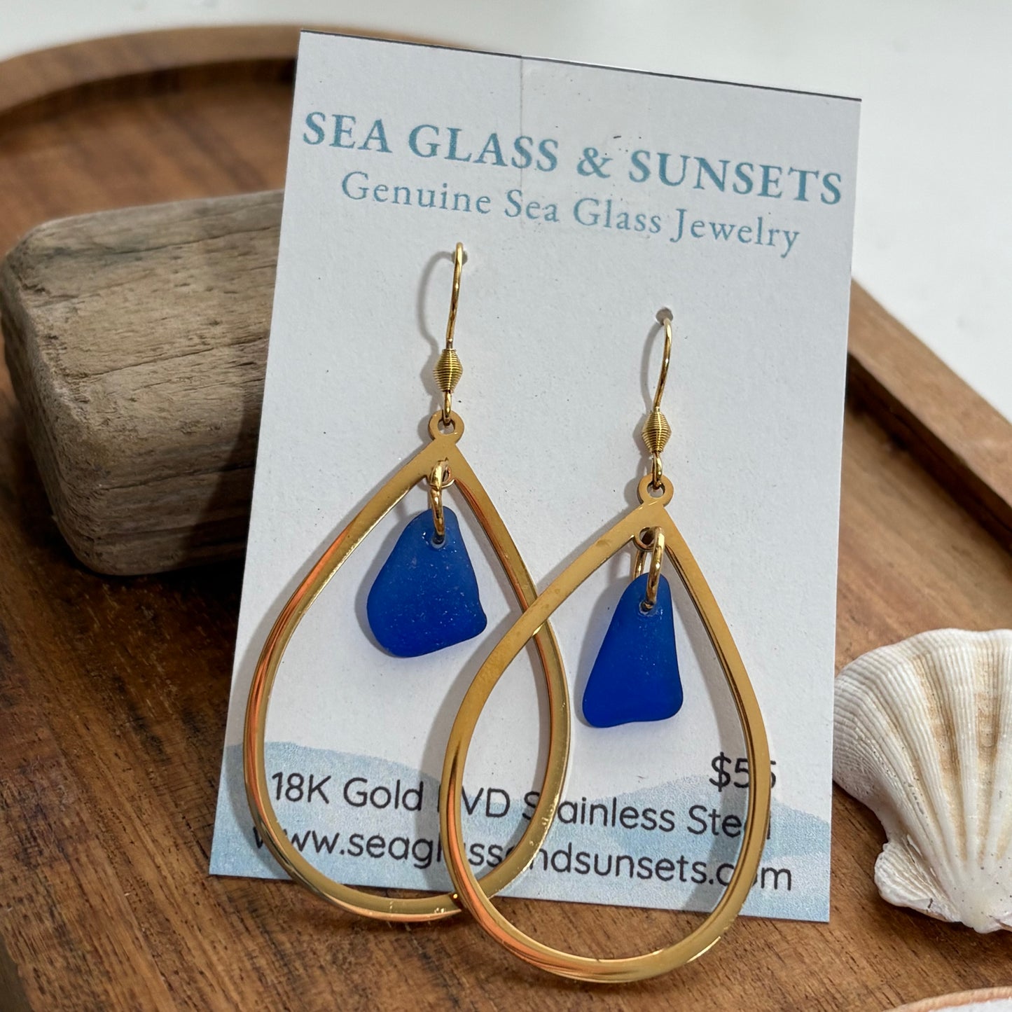 Cobalt Blue Sea Glass Teardrop Earrings | Genuine Beach Glass Gold Statement Earrings