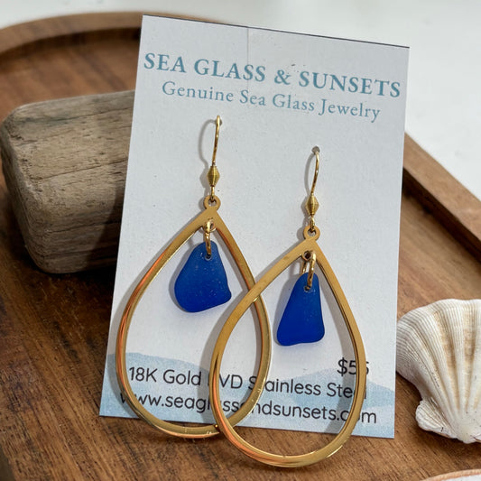Cobalt Blue Sea Glass Teardrop Earrings | Genuine Beach Glass Gold Statement Earrings