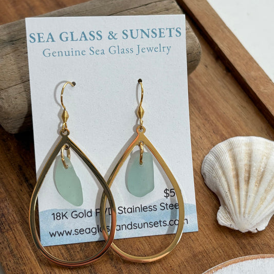 Sea Foam Sea Glass Teardrop Earrings | Genuine Beach Glass Gold Statement Earrings
