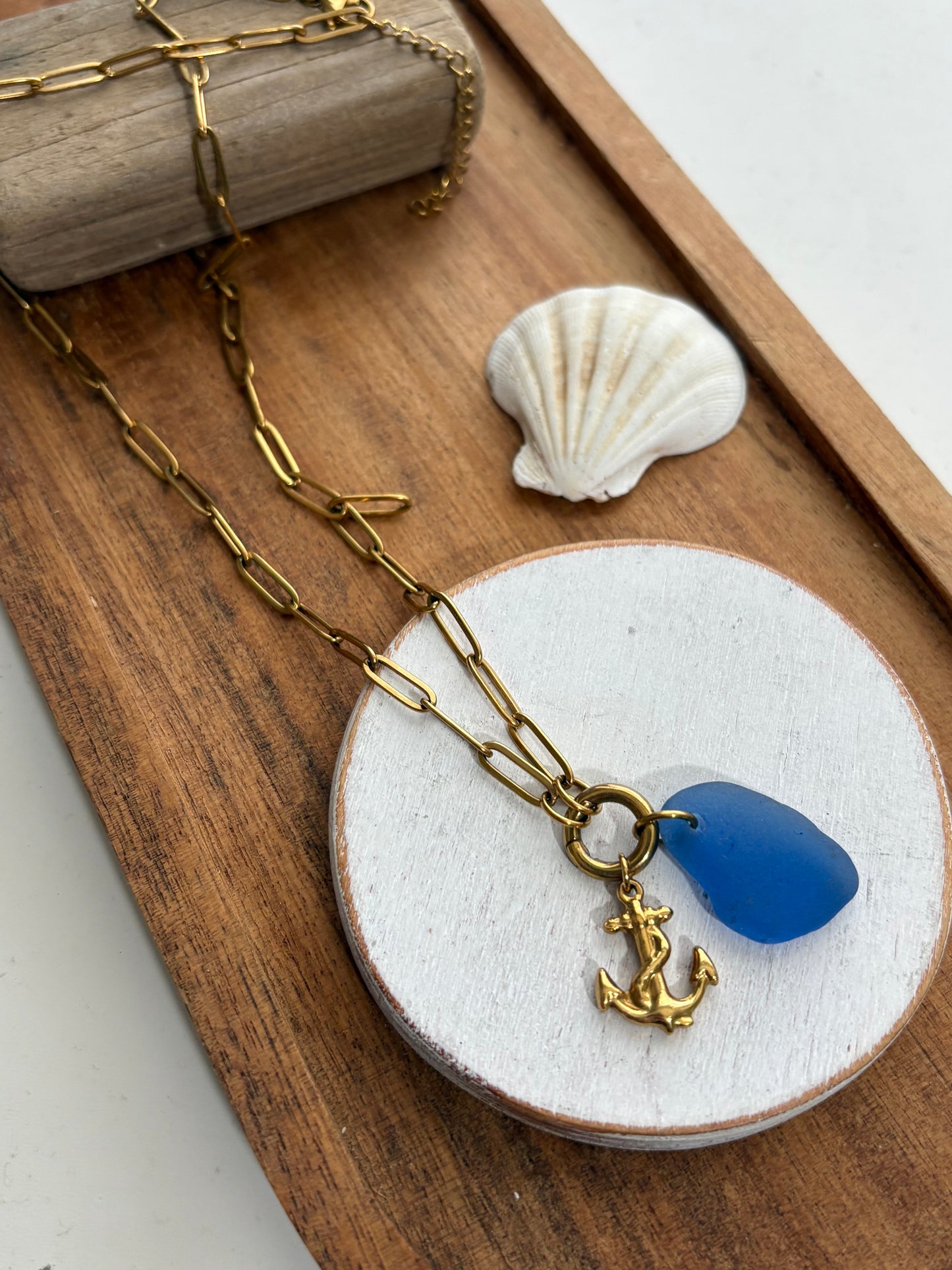 Gold  Blue Sea Glass Anchor Necklace