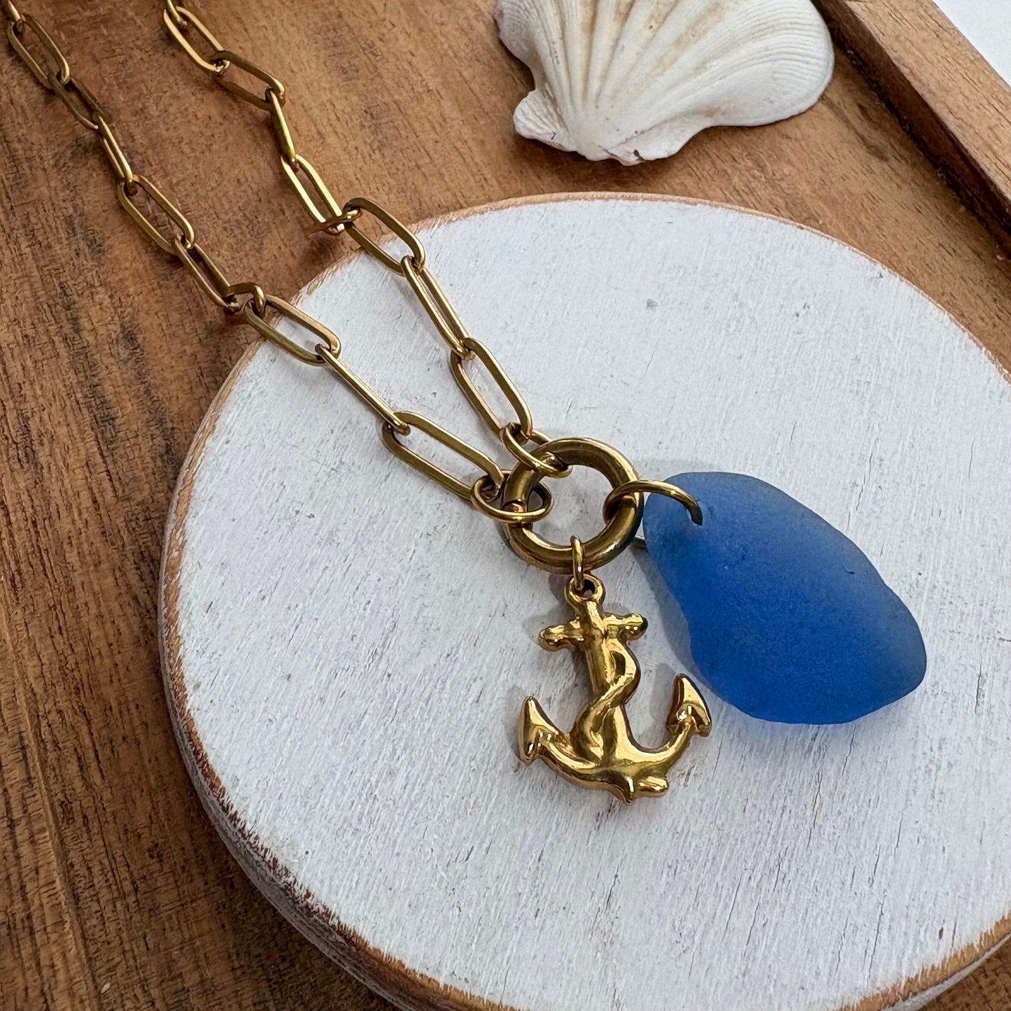 Gold  Blue Sea Glass Anchor Necklace
