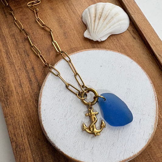 Gold  Blue Sea Glass Anchor Necklace