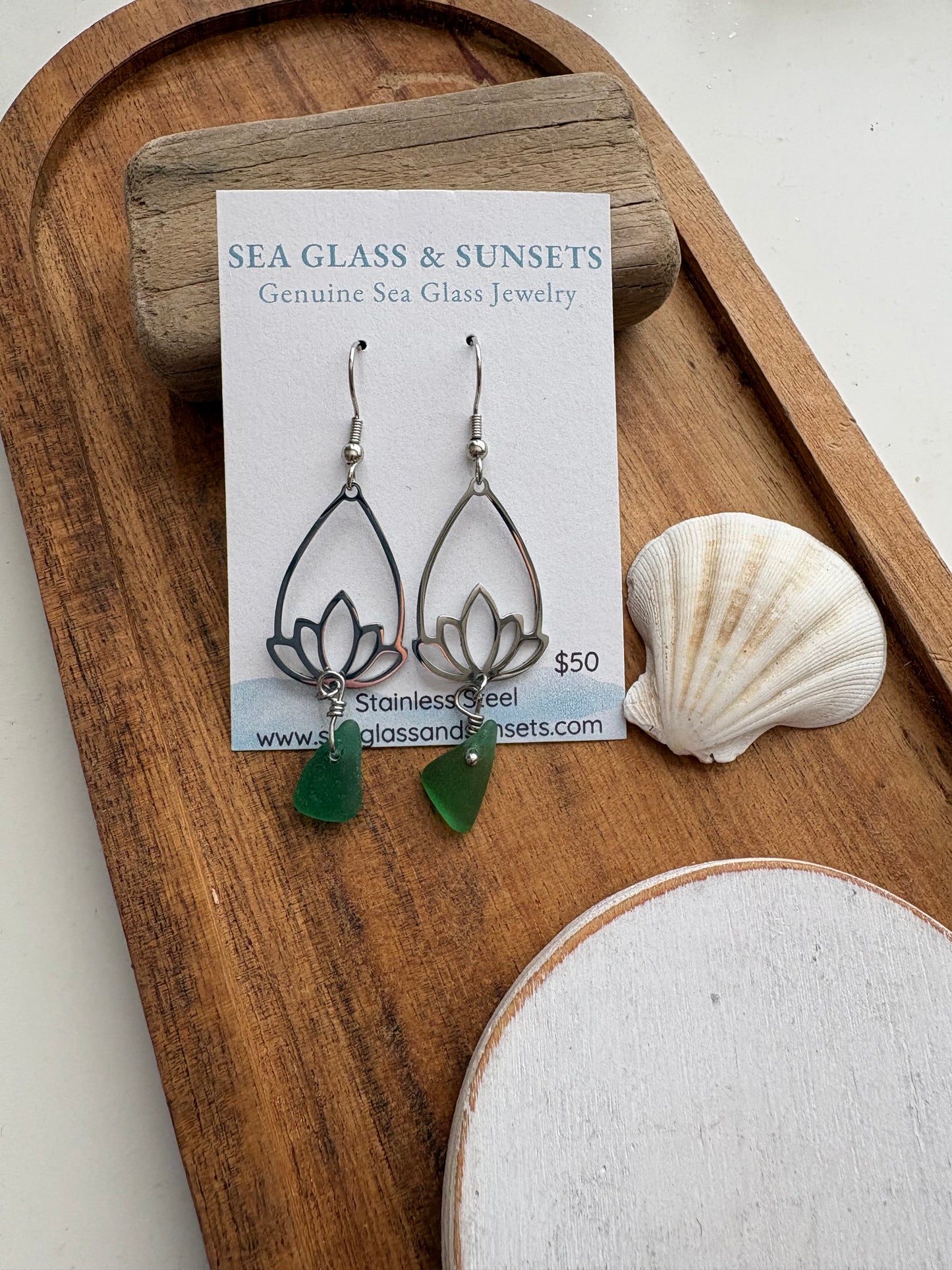 Green Sea Glass Lotus Sterling Silver Dangle Earrings