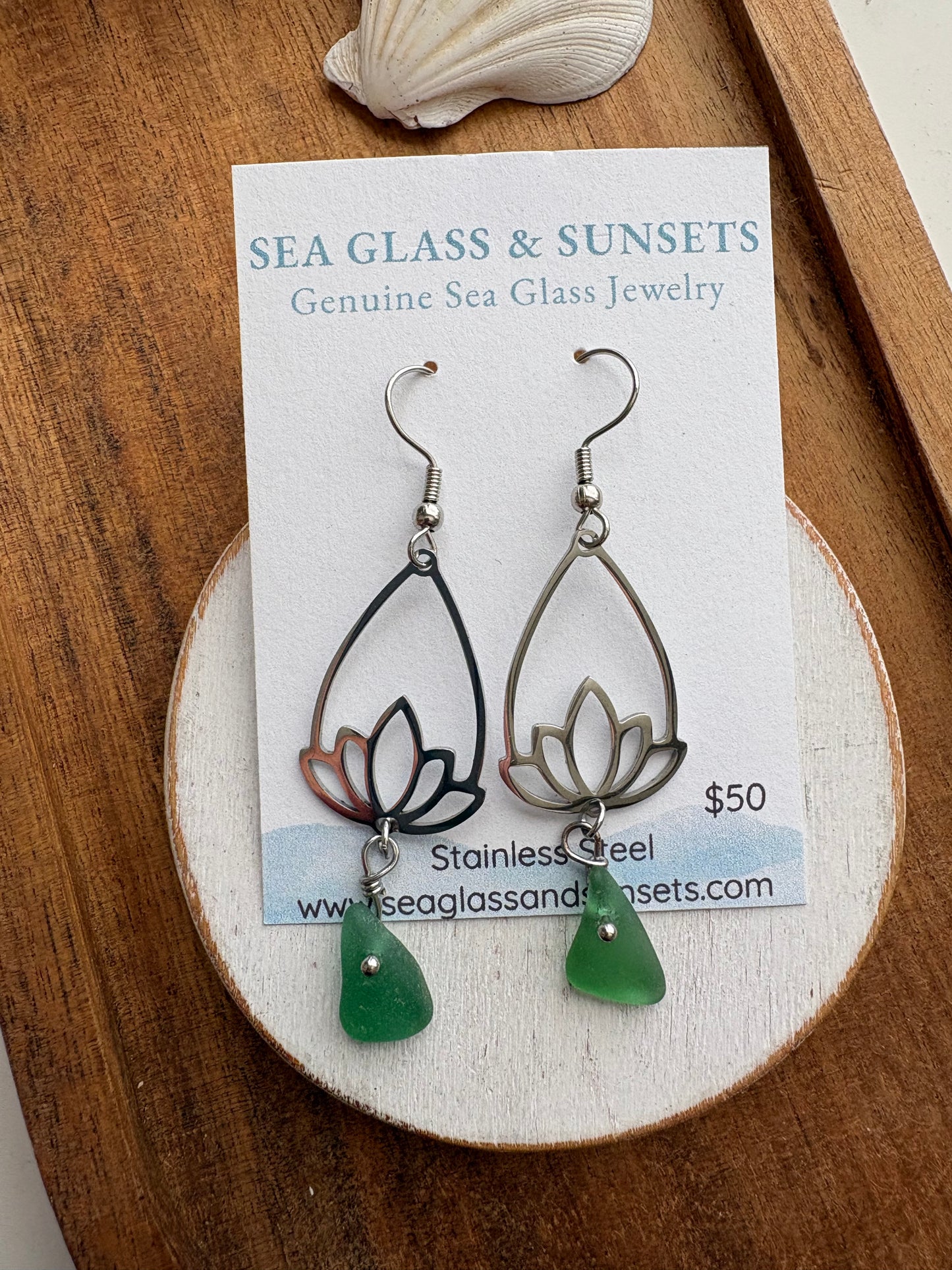 Green Sea Glass Lotus Sterling Silver Dangle Earrings