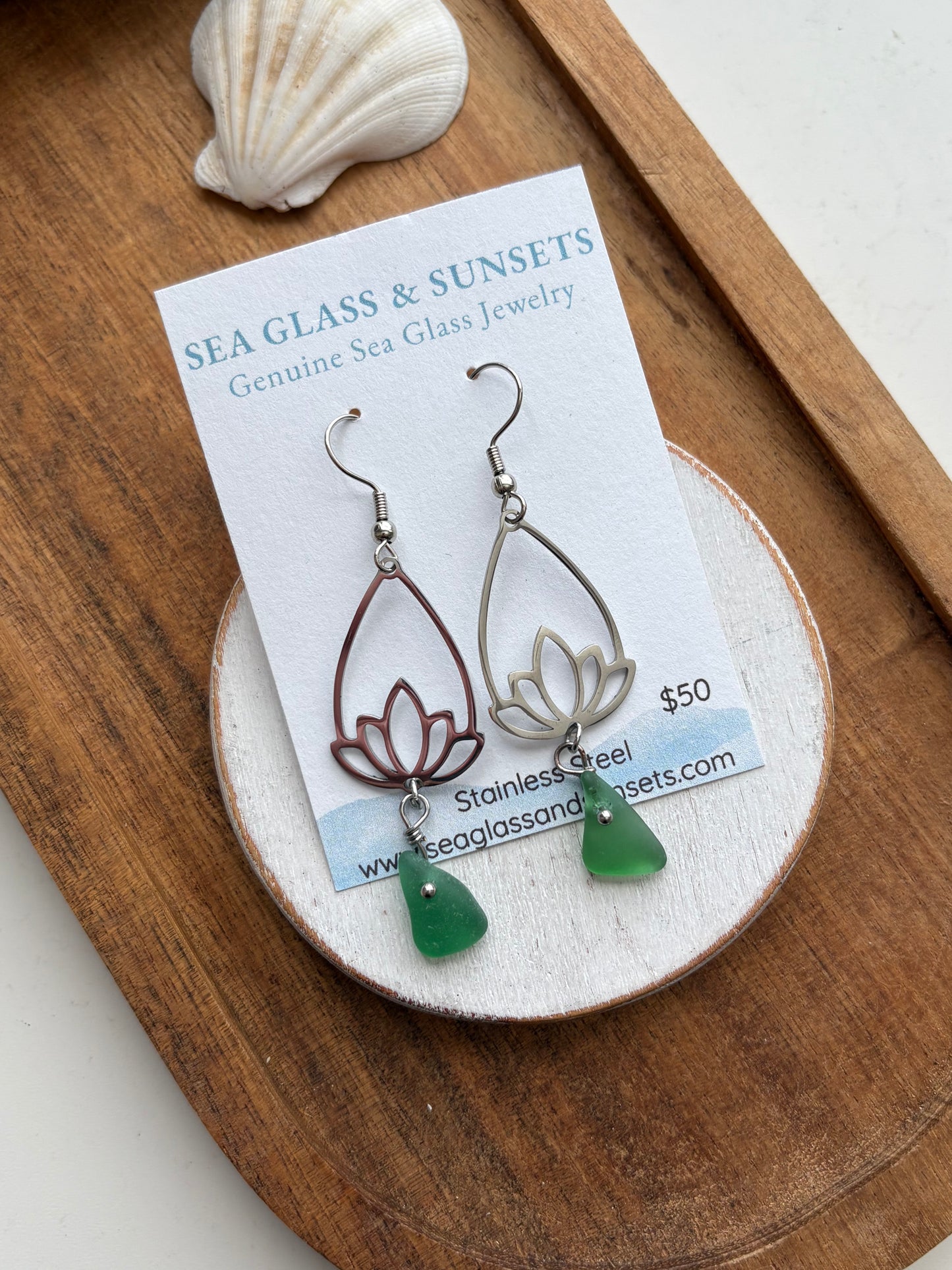 Green Sea Glass Lotus Sterling Silver Dangle Earrings