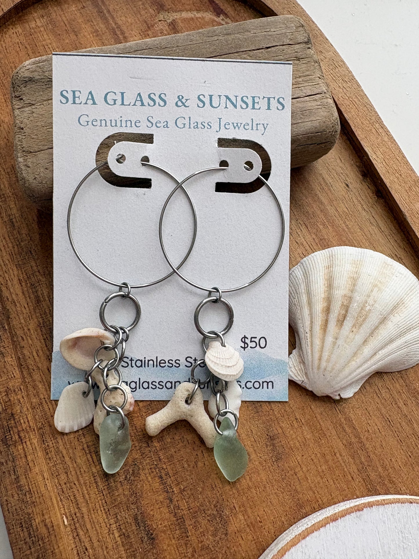 Sea Foam Sea Glass, Shell & Coral Stainless Steel Hoop Earrings