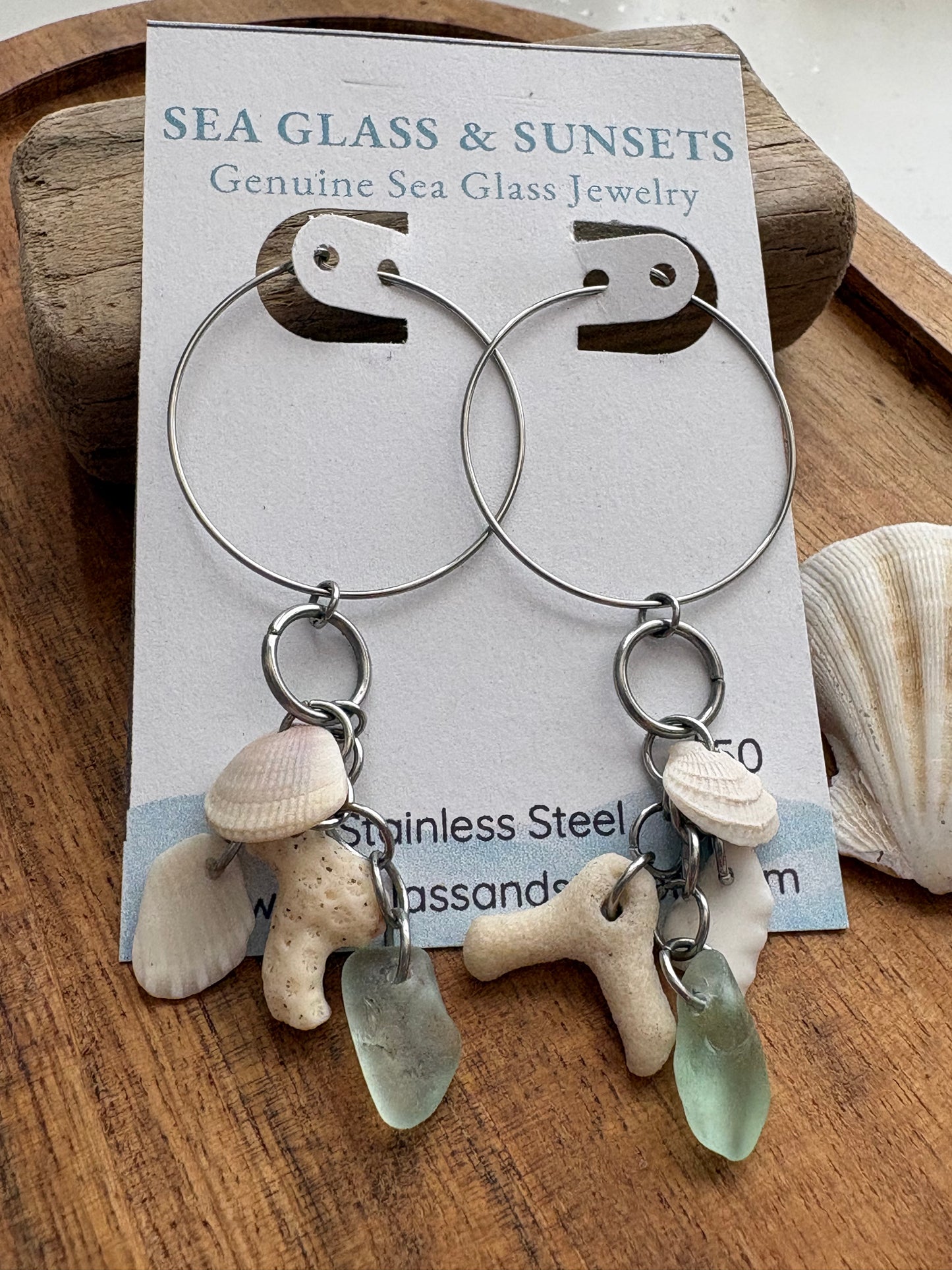 Sea Foam Sea Glass, Shell & Coral Stainless Steel Hoop Earrings