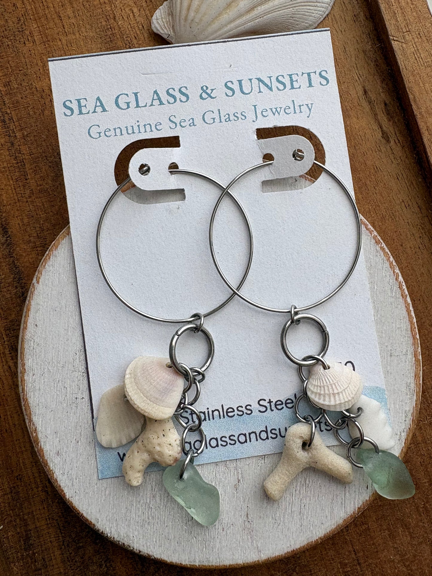 Sea Foam Sea Glass, Shell & Coral Stainless Steel Hoop Earrings