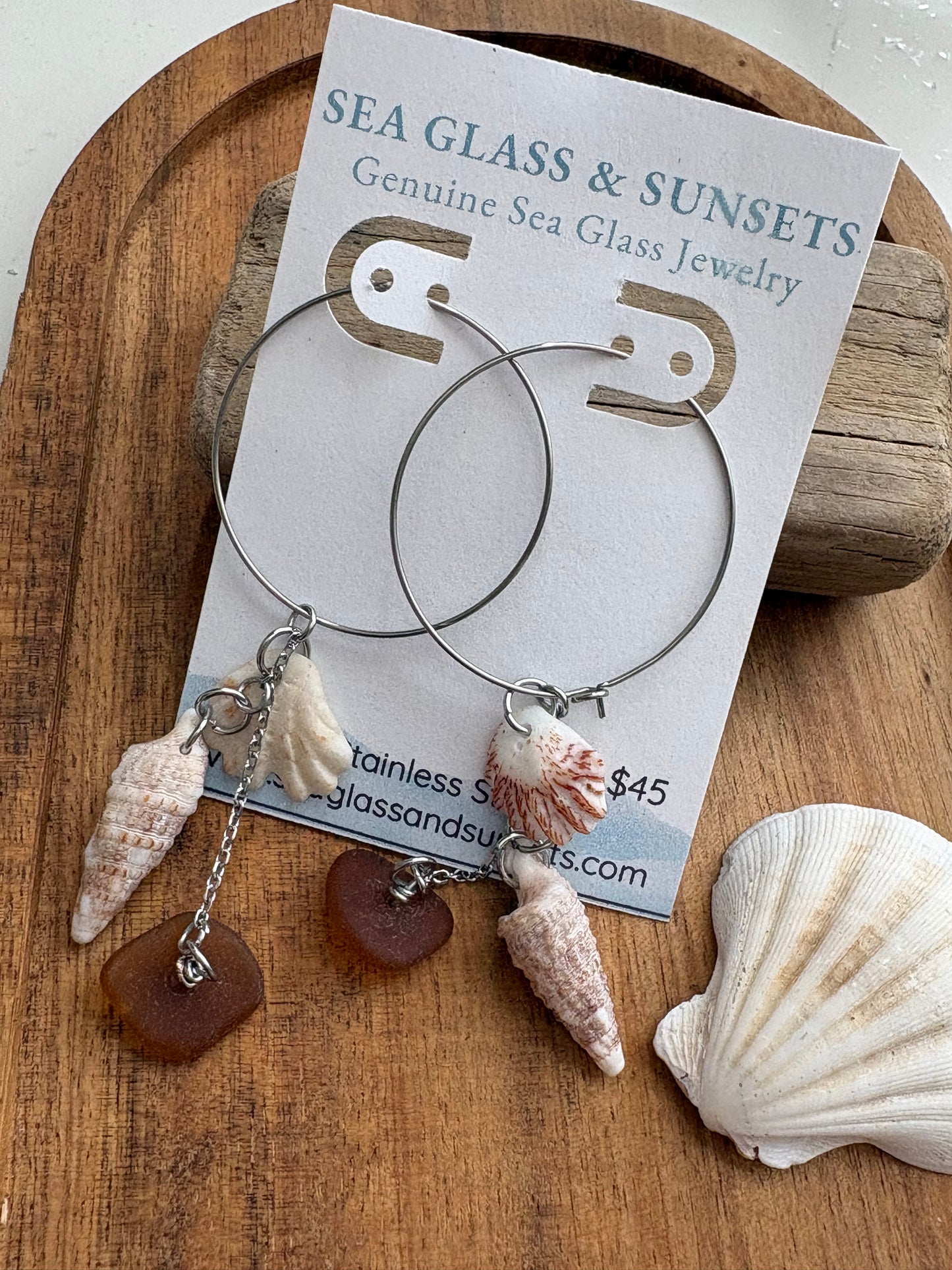 Brown Sea Glass & Venice Beach Shell Stainless Steel Hoop Earrings