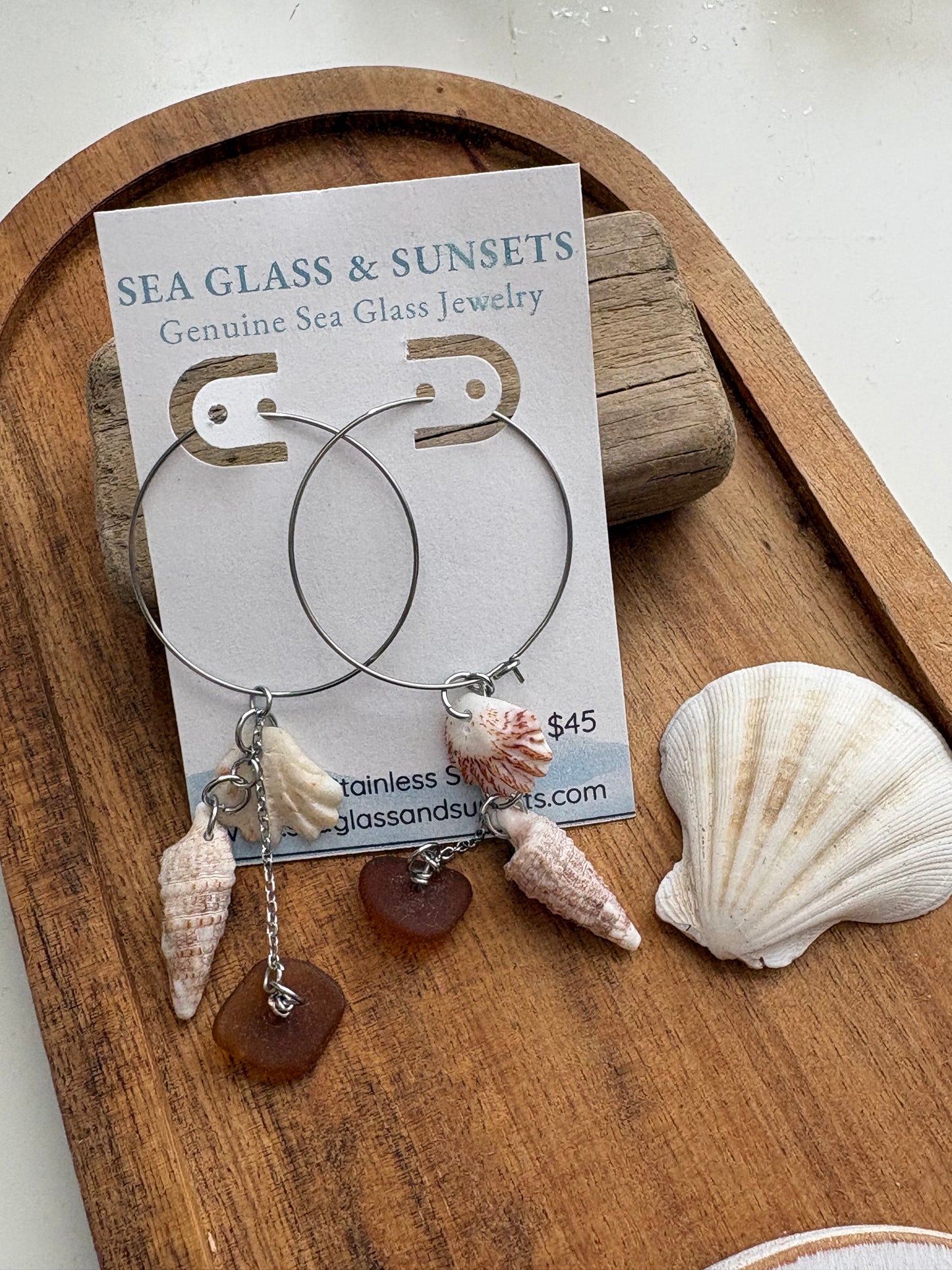 Brown Sea Glass & Venice Beach Shell Stainless Steel Hoop Earrings
