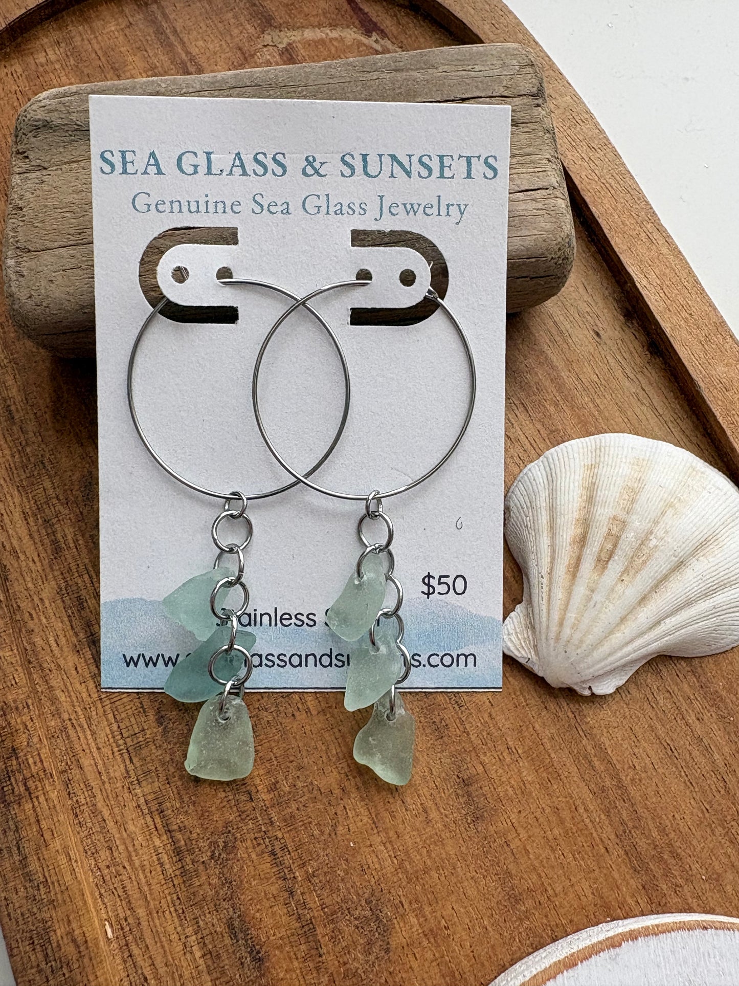 Sea Foam Sea Glass Stainless Steel Cascade Hoop Earrings