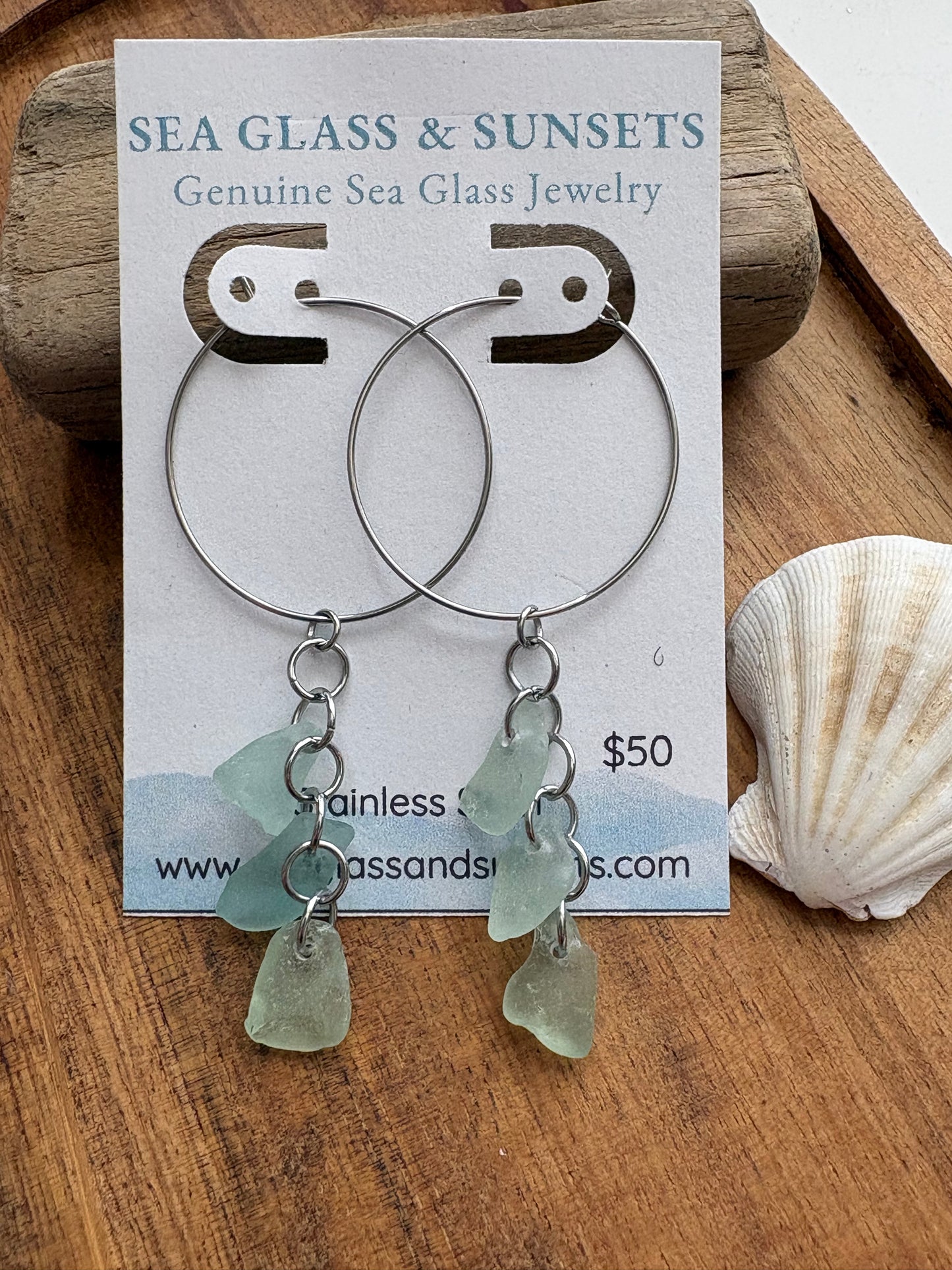 Sea Foam Sea Glass Stainless Steel Cascade Hoop Earrings