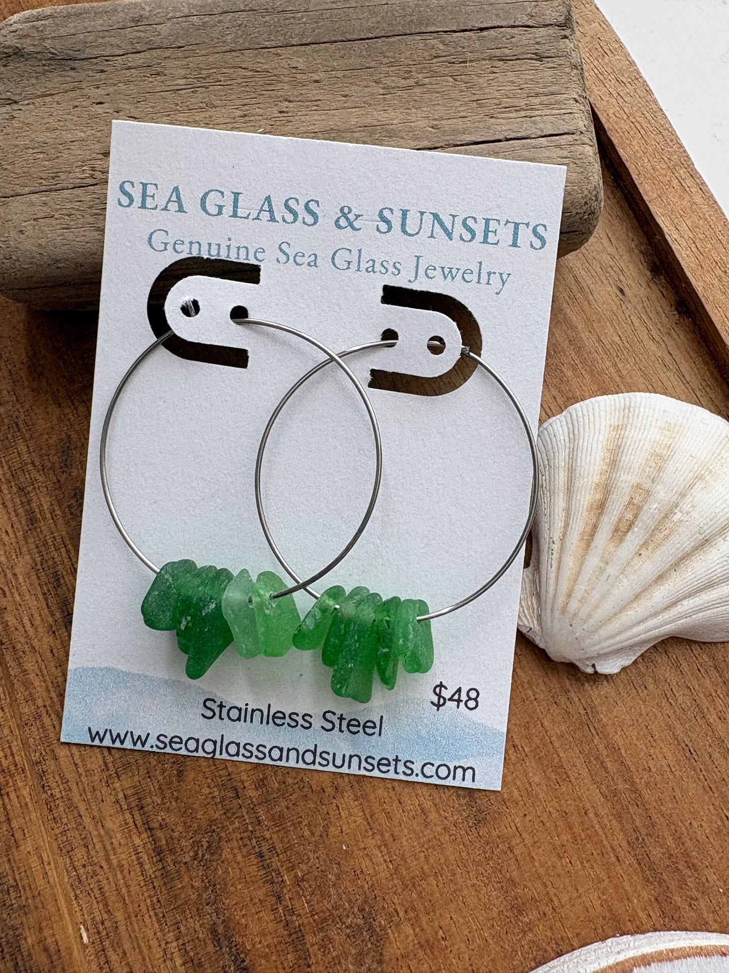 Stacked Green Sea Glass Stainless Steel Hoop Earrings