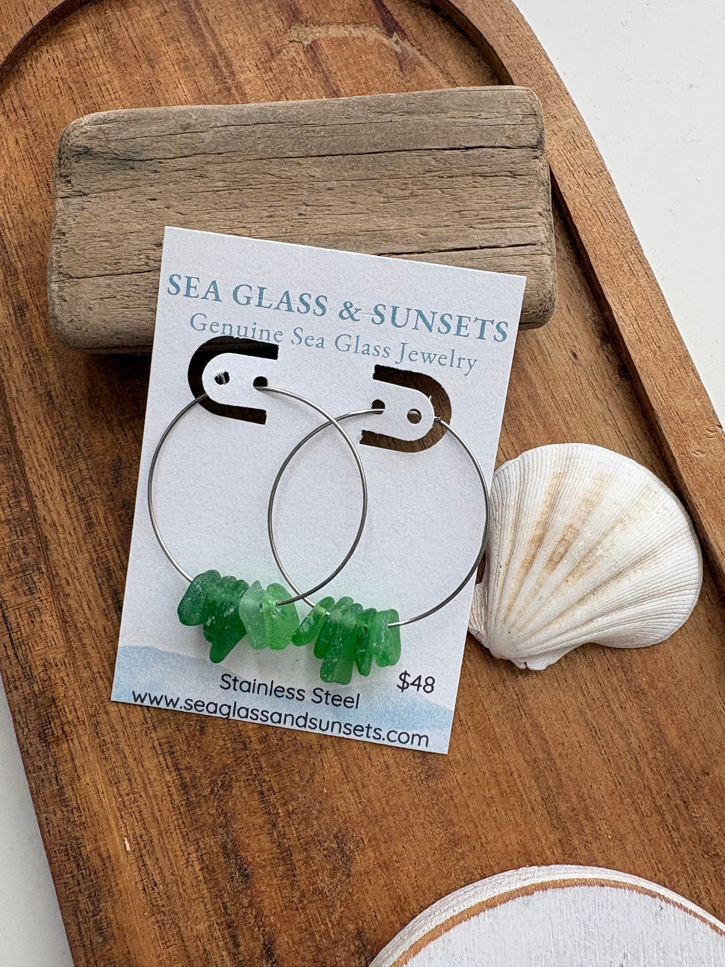 Stacked Green Sea Glass Stainless Steel Hoop Earrings