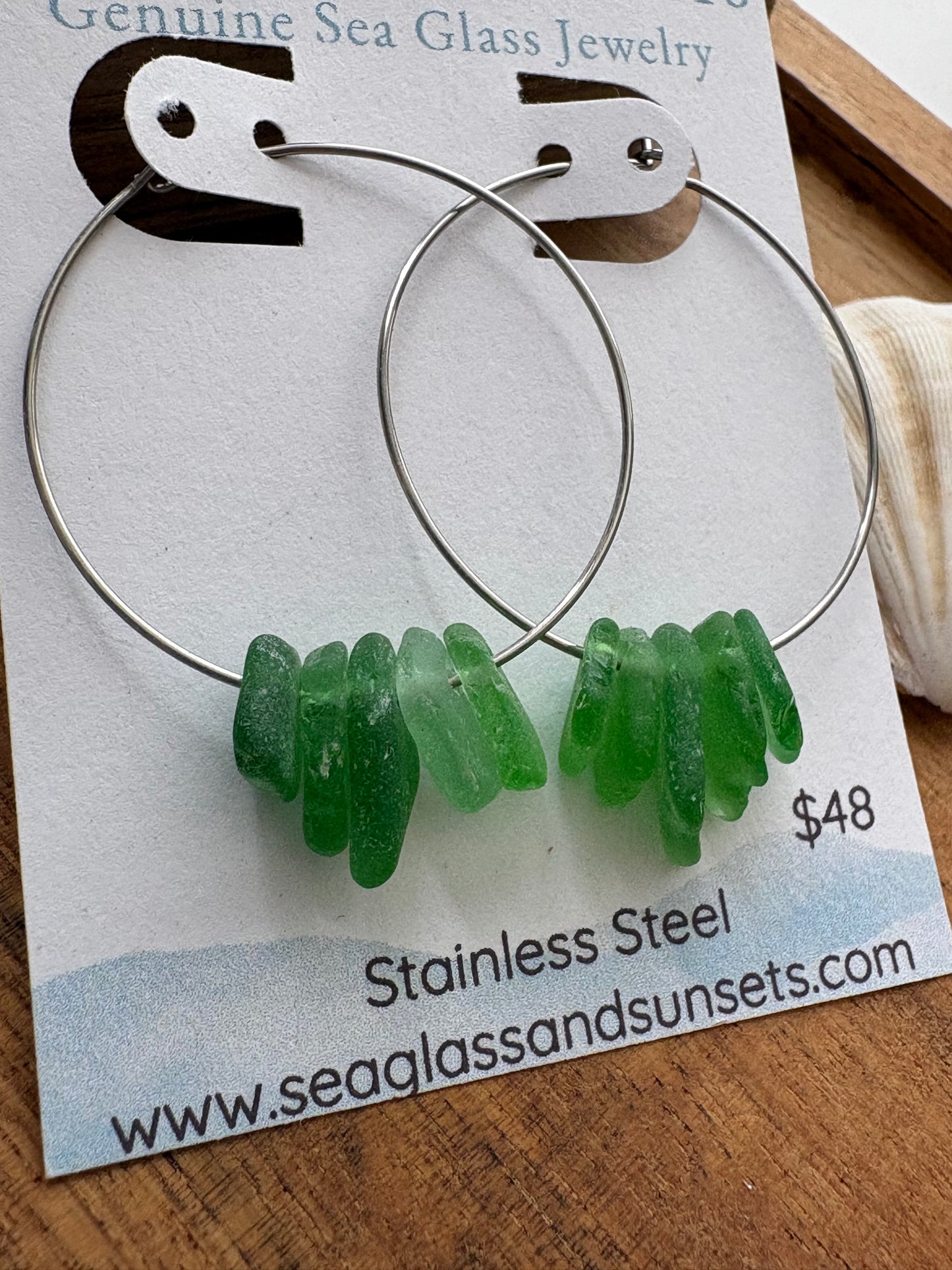 Stacked Green Sea Glass Stainless Steel Hoop Earrings