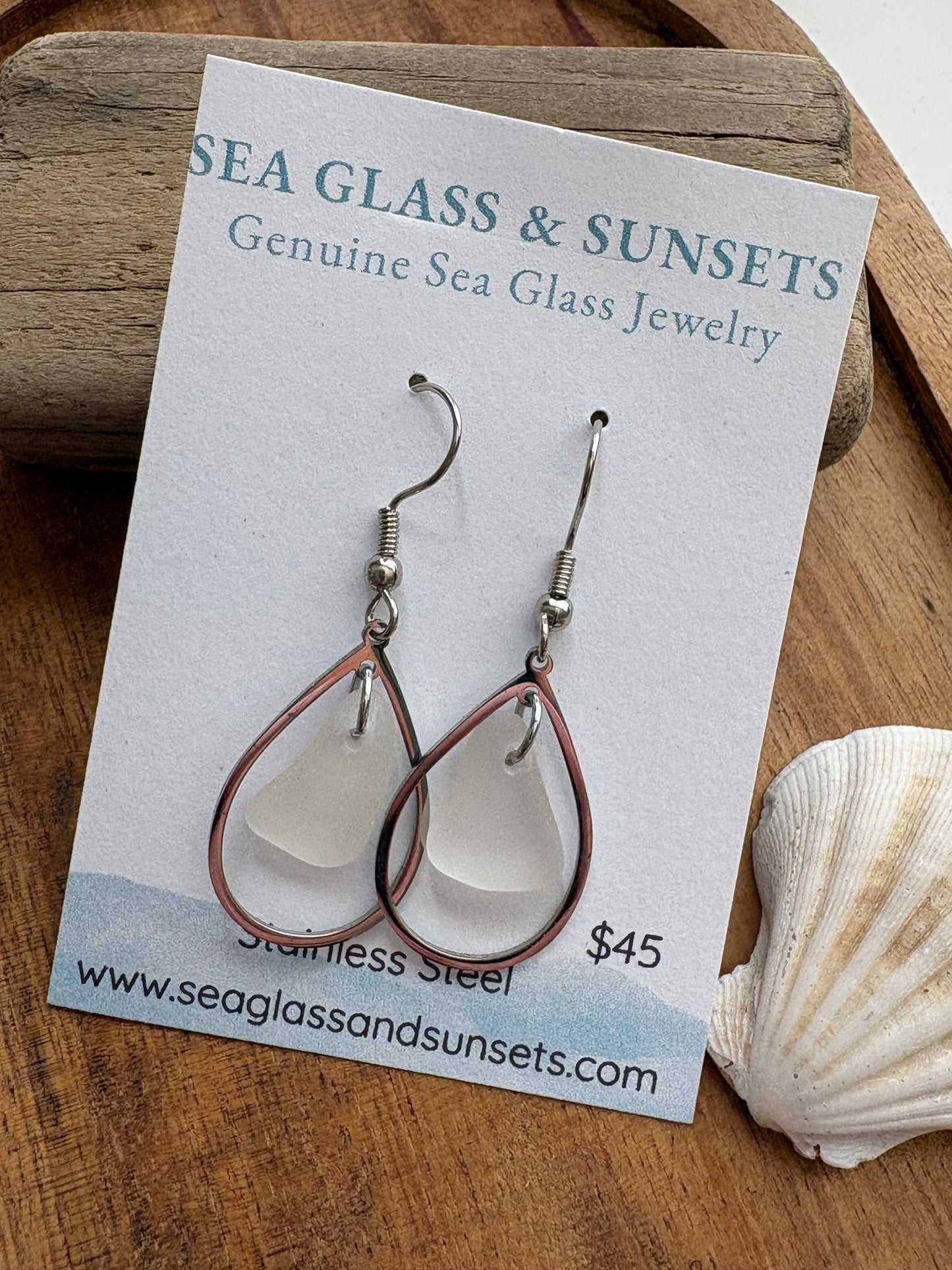 Clear Sea Glass Teardrop Stainless Steel Dangle Earrings