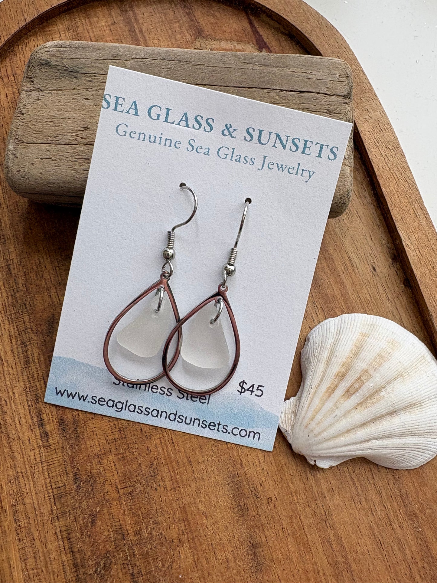 Clear Sea Glass Teardrop Stainless Steel Dangle Earrings