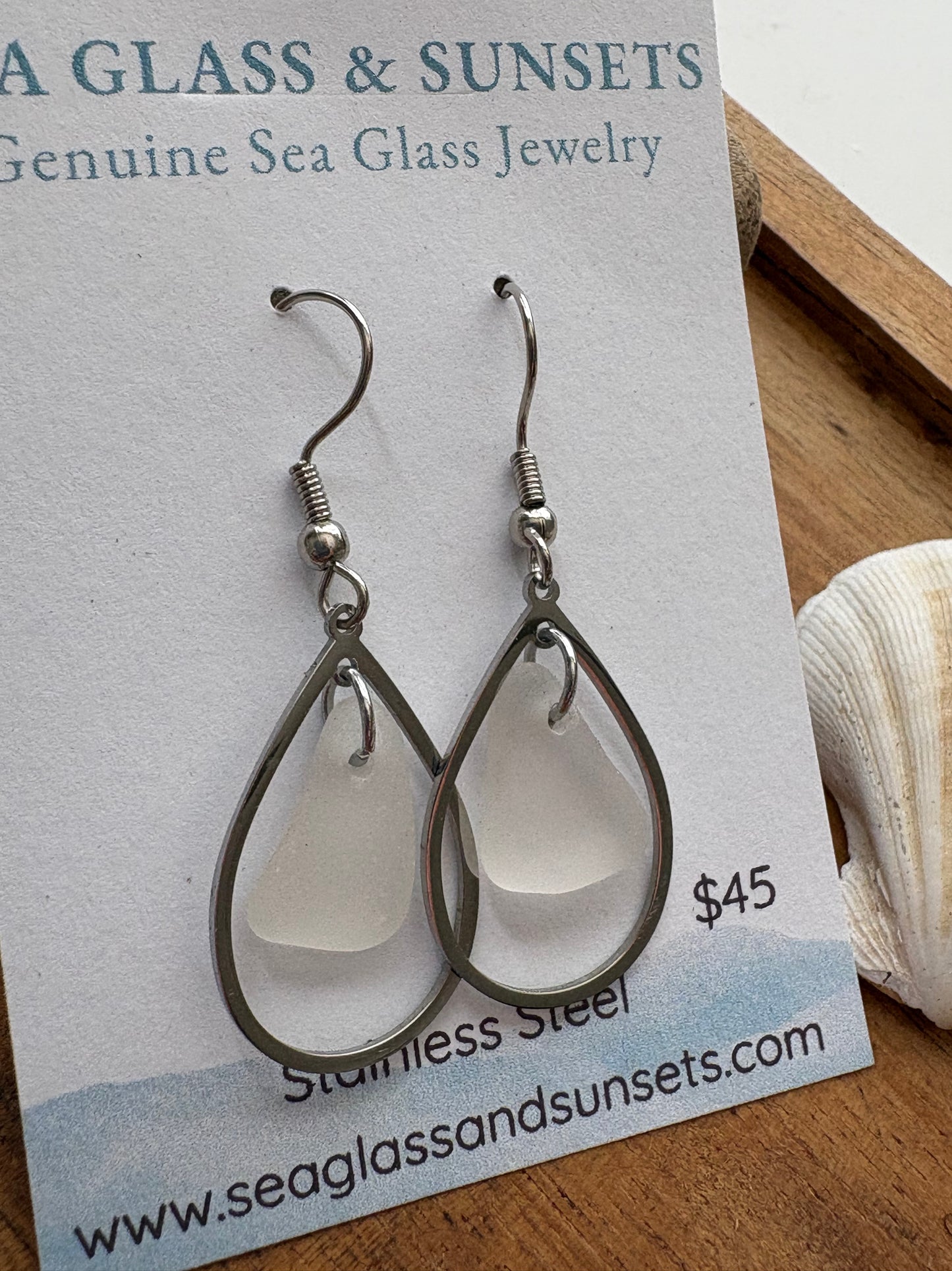 Clear Sea Glass Teardrop Stainless Steel Dangle Earrings