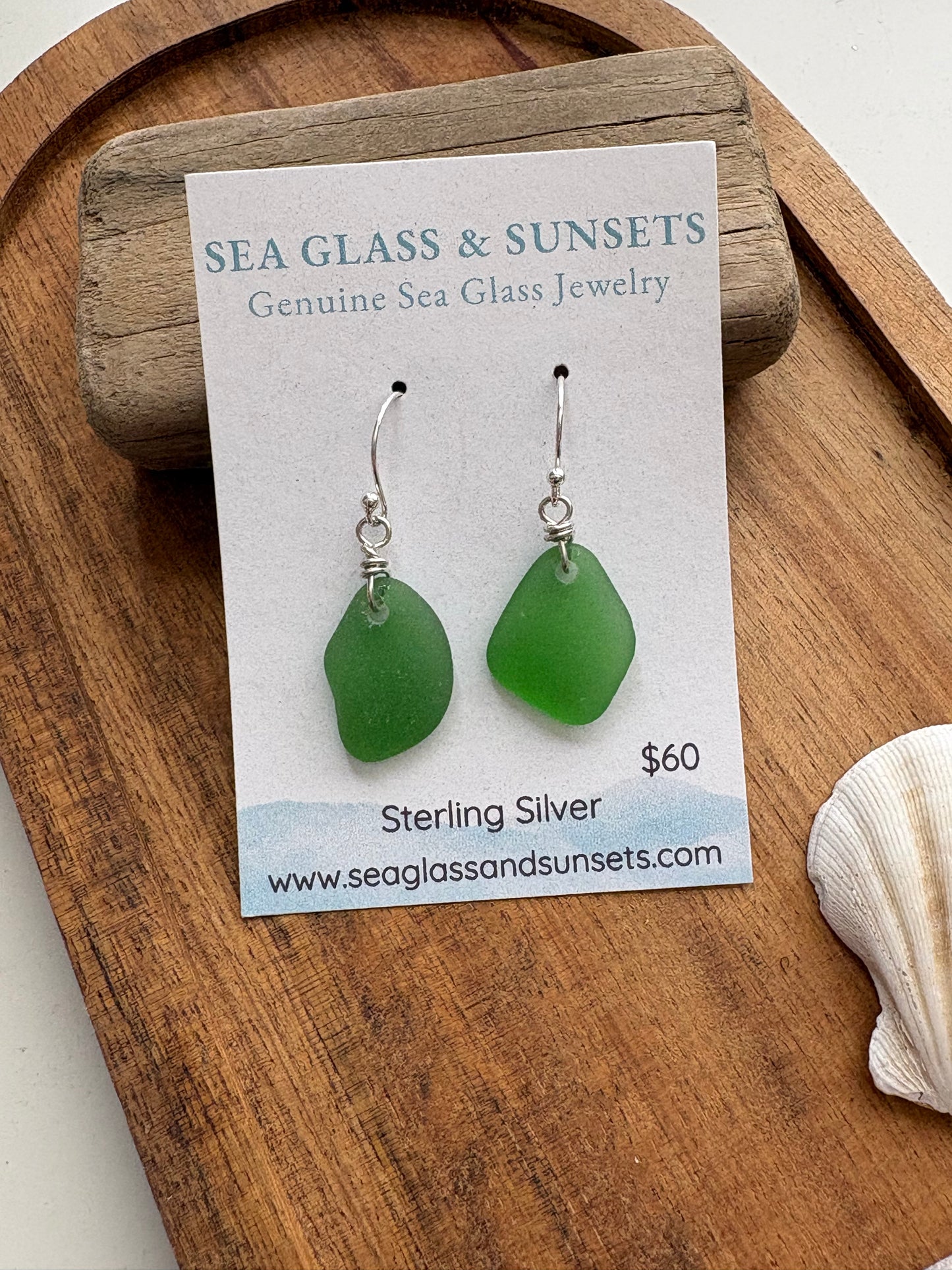 Simple  Kelly Green sea glass earrings | Dangle Earrings | Silver Beach Glass