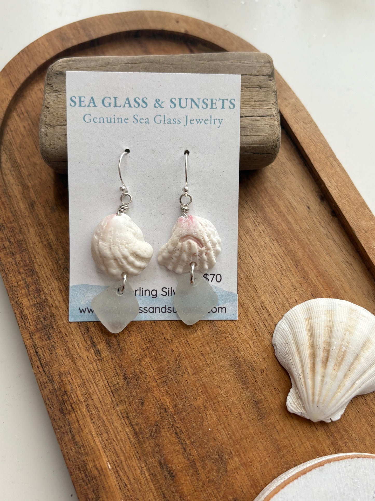 Clear Sea Glass & Spiny Jewelbox Shell Sterling Silver Earrings