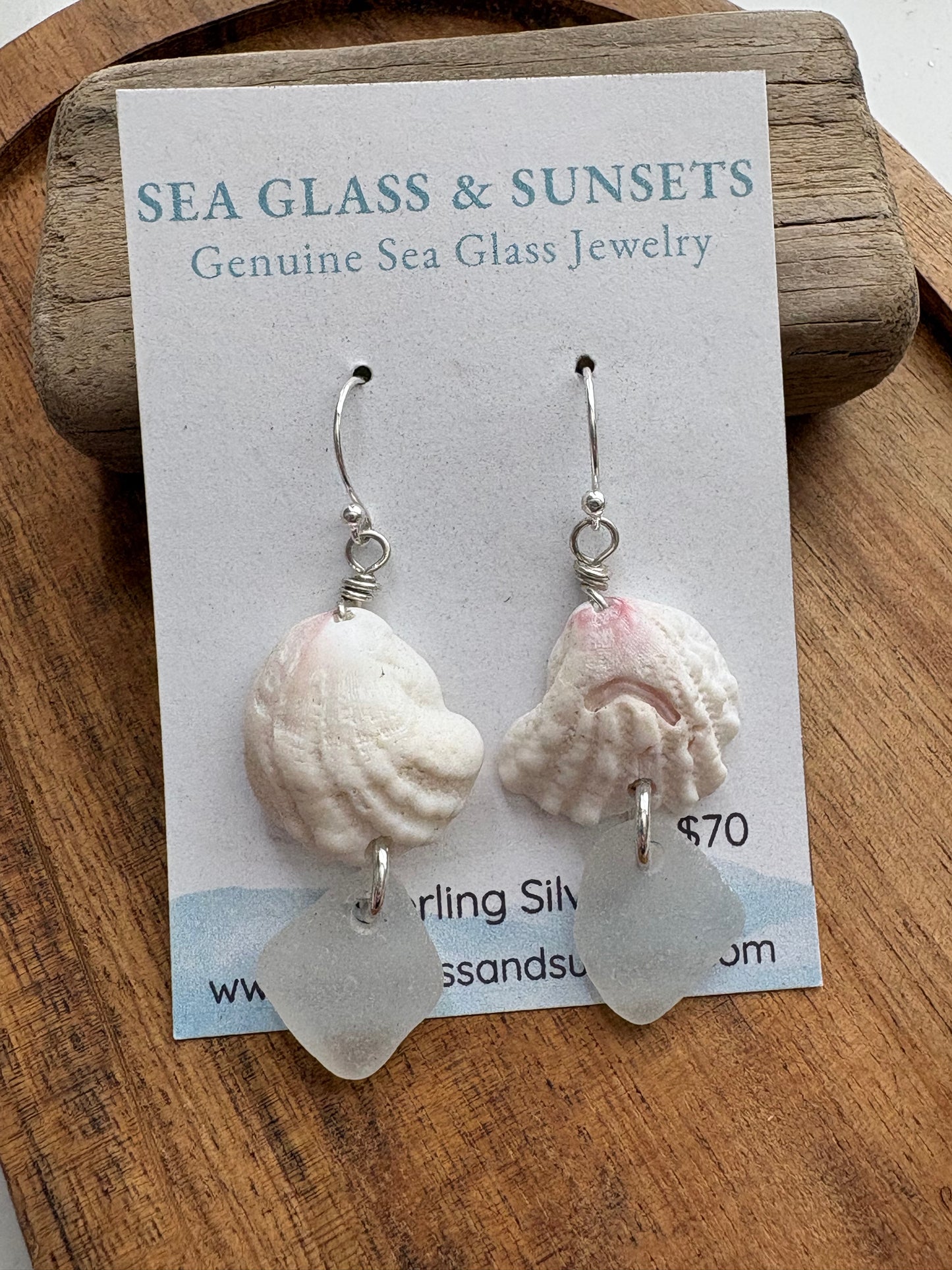 Clear Sea Glass & Spiny Jewelbox Shell Sterling Silver Earrings