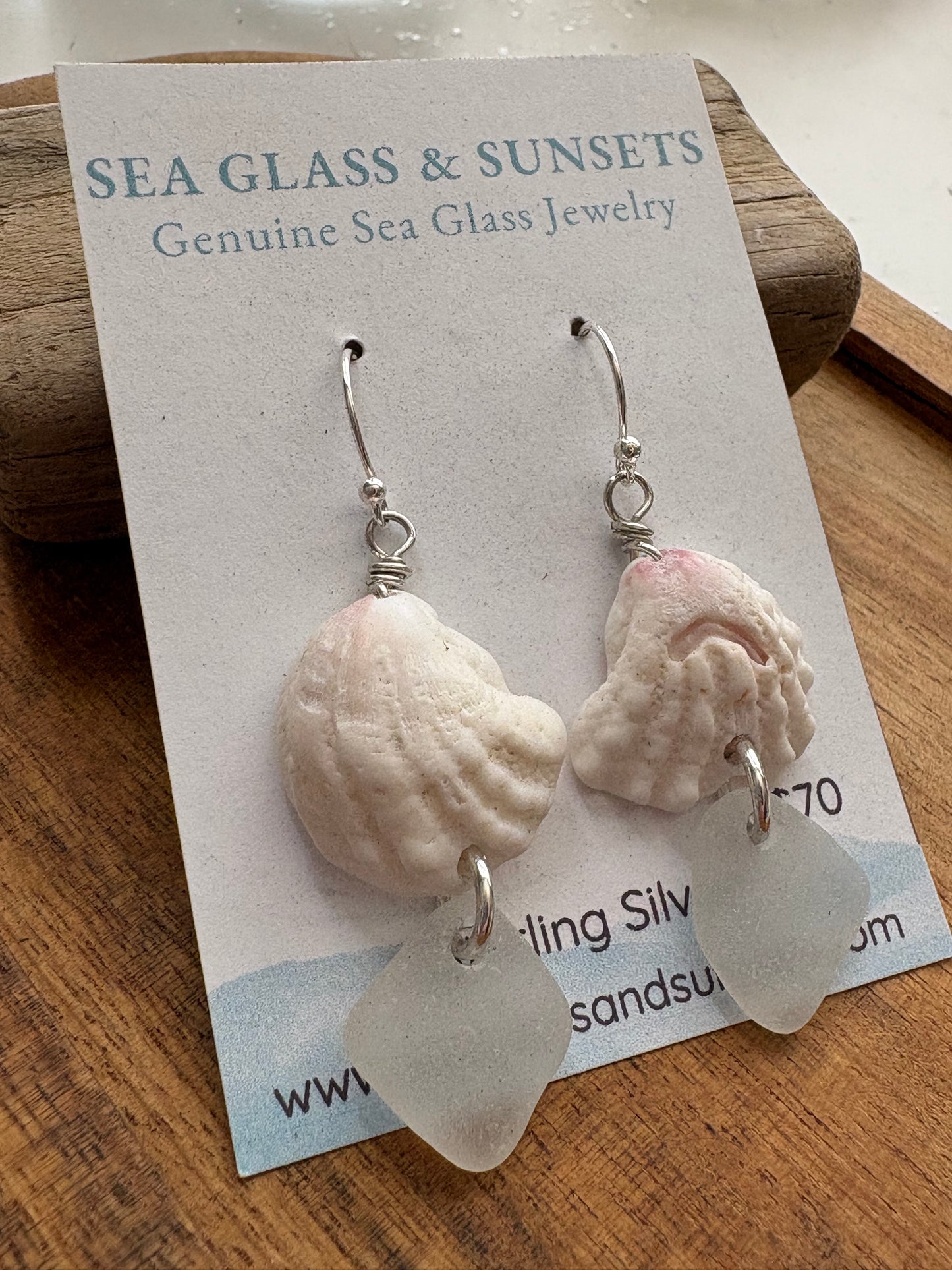 Clear Sea Glass & Spiny Jewelbox Shell Sterling Silver Earrings
