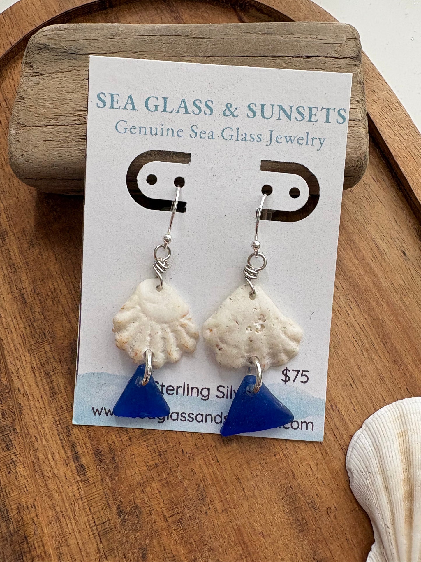 Cobalt Blue Sea Glass & Kitten Paw Shell Sterling Silver Earrings