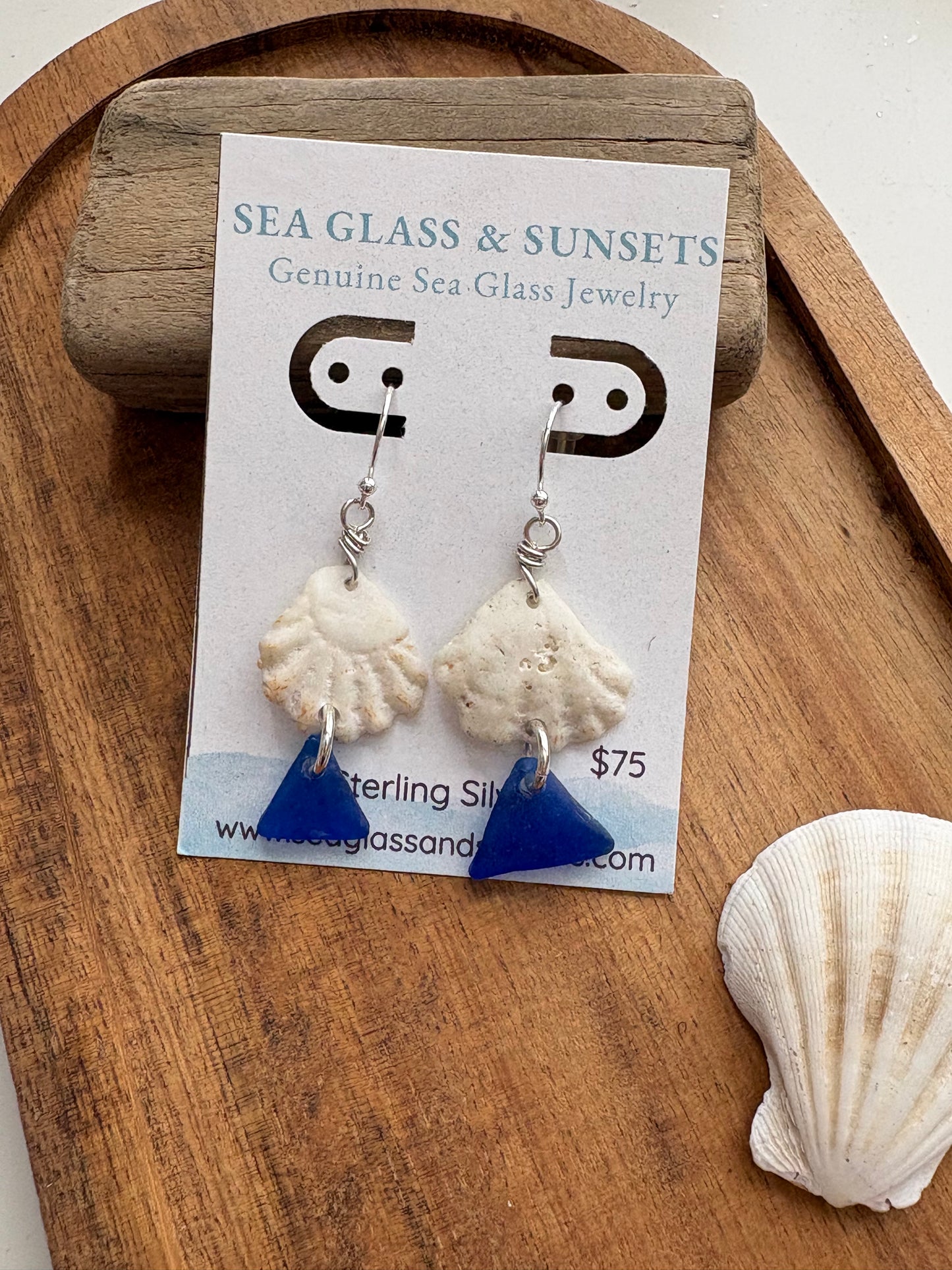 Cobalt Blue Sea Glass & Kitten Paw Shell Sterling Silver Earrings