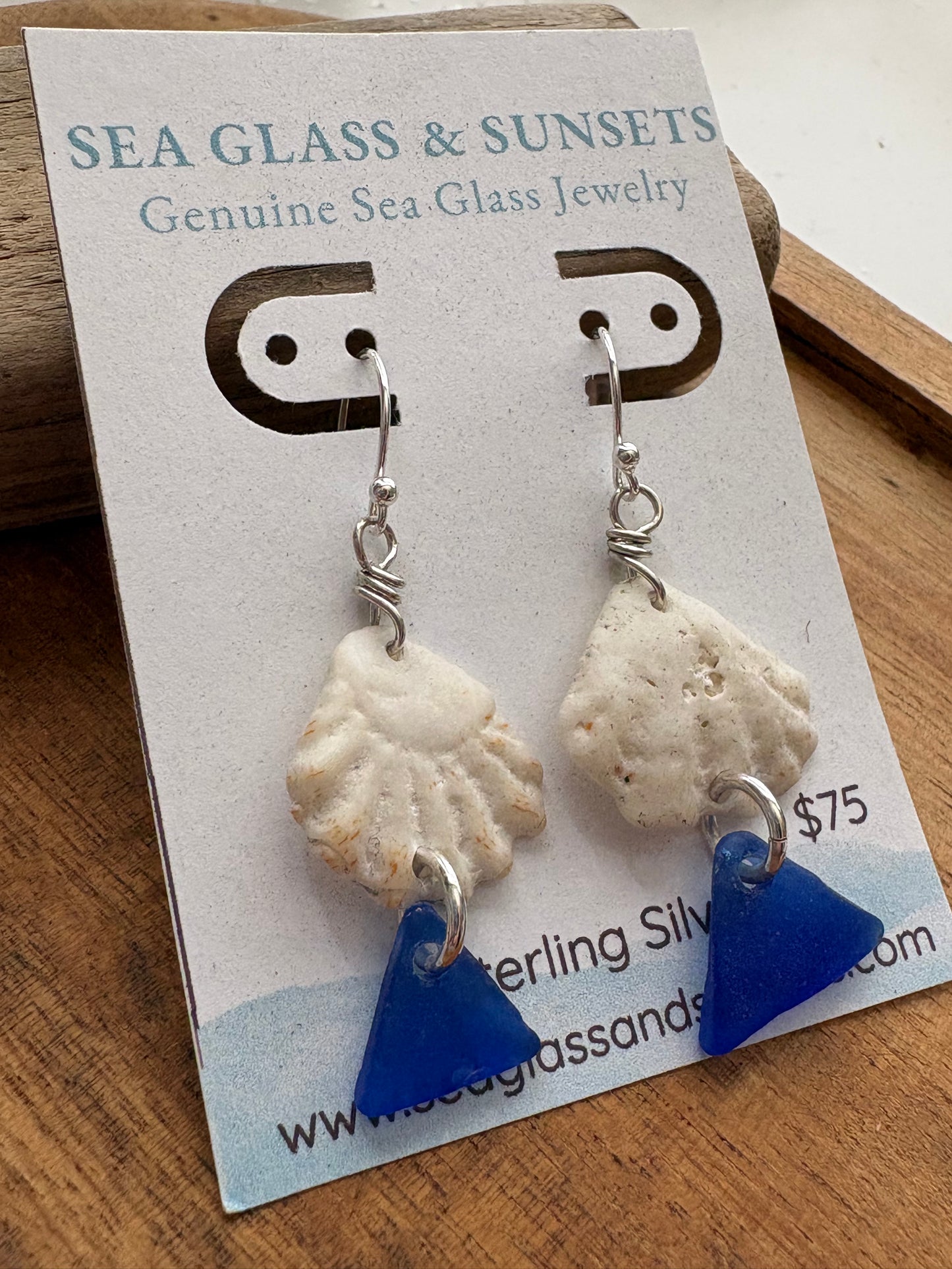 Cobalt Blue Sea Glass & Kitten Paw Shell Sterling Silver Earrings