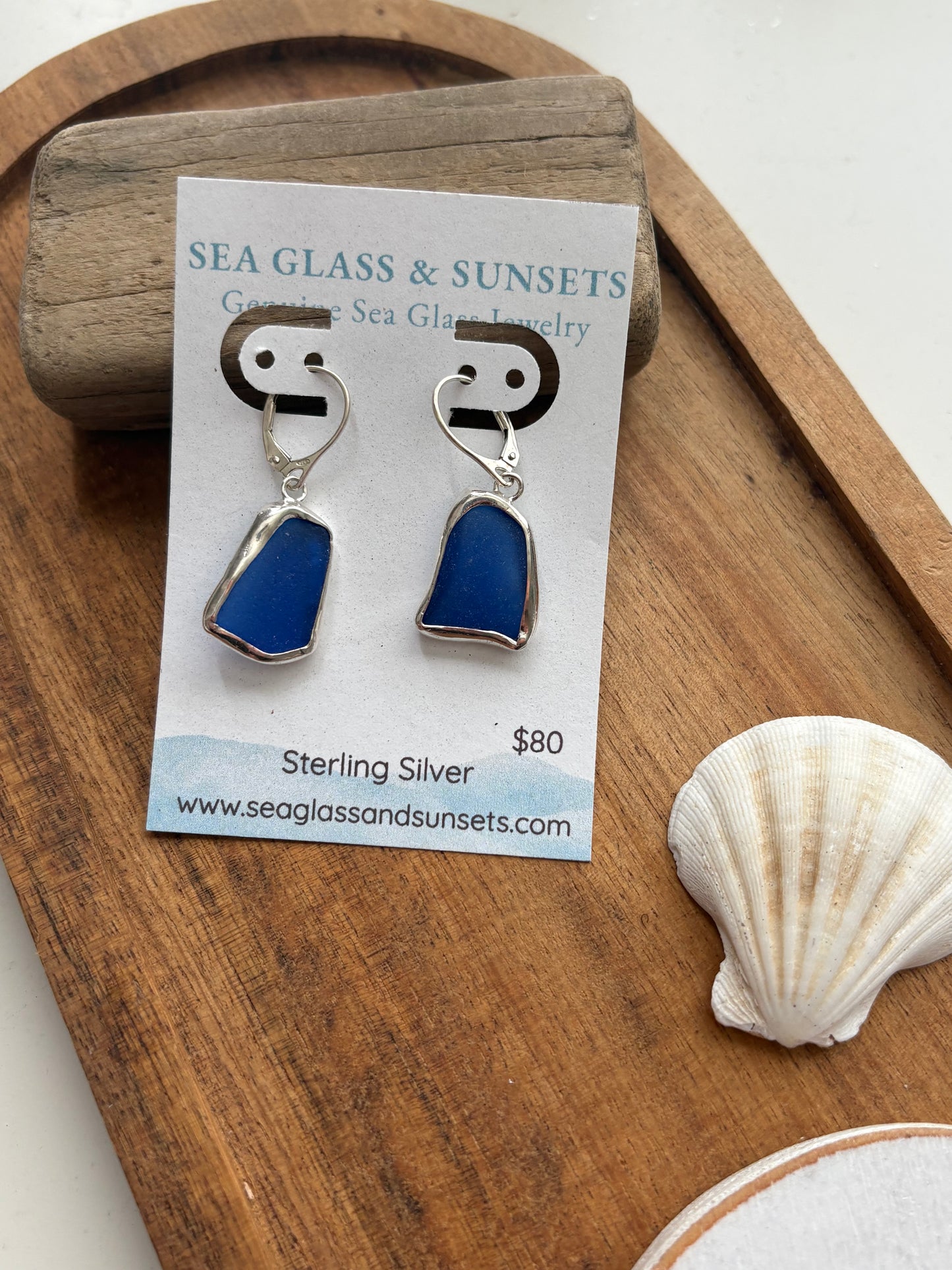 Cobalt Blue Sea Glass Open Bezel Sterling Silver Dangle Earrings