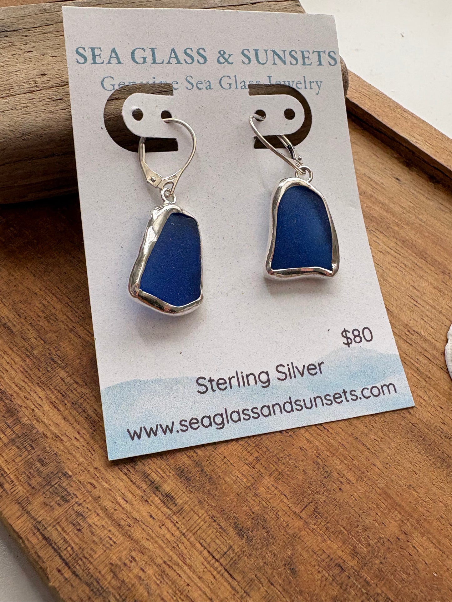 Cobalt Blue Sea Glass Open Bezel Sterling Silver Dangle Earrings