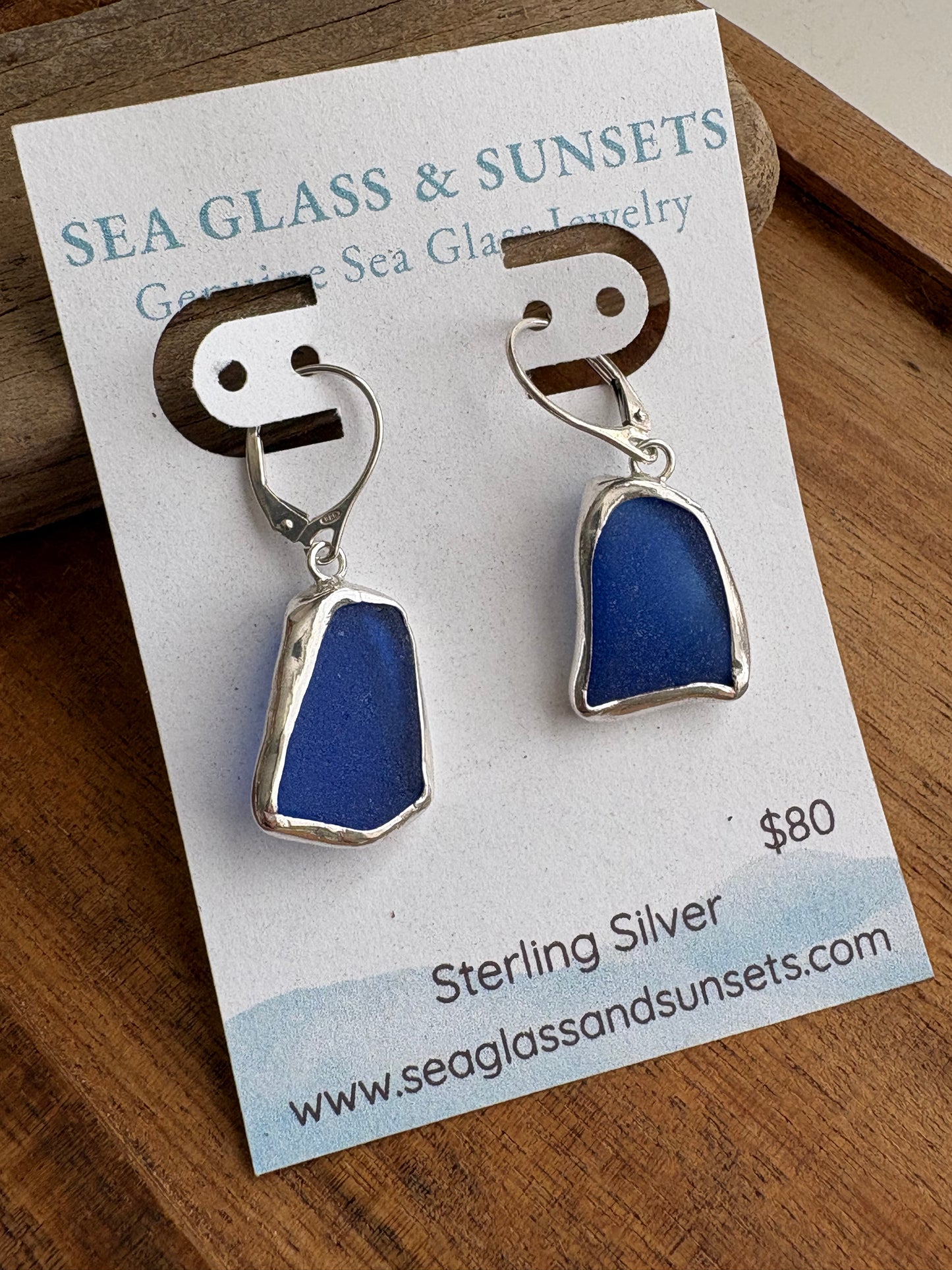 Cobalt Blue Sea Glass Open Bezel Sterling Silver Dangle Earrings