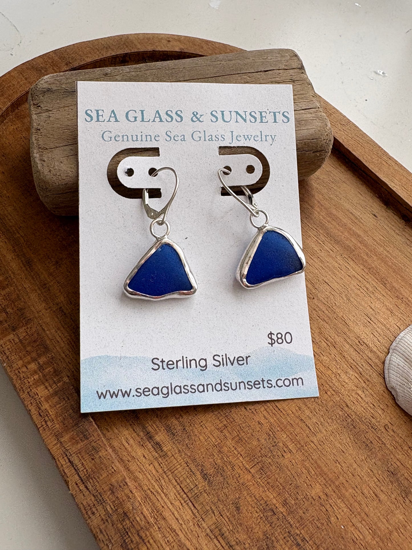 Cobalt Blue Sea Glass Open Bezel Sterling Silver Dangle Earrings