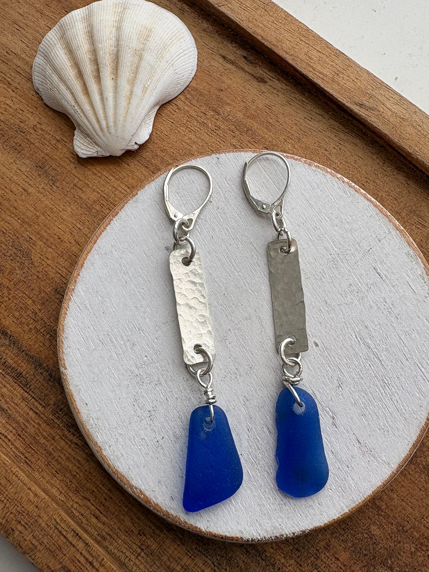 Cobalt Blue Sea Glass Hand-Cut Sterling Silver Dangle Earrings