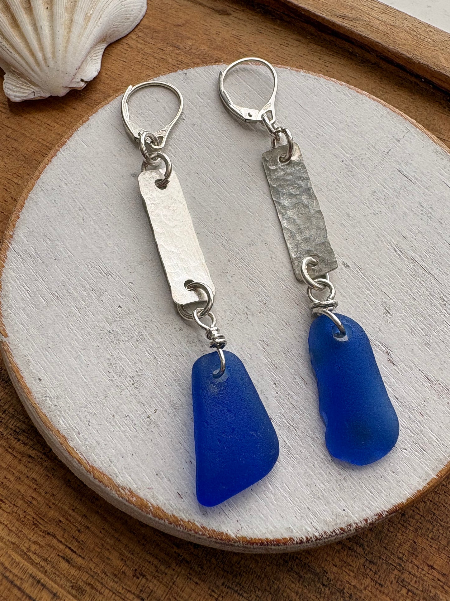 Cobalt Blue Sea Glass Hand-Cut Sterling Silver Dangle Earrings