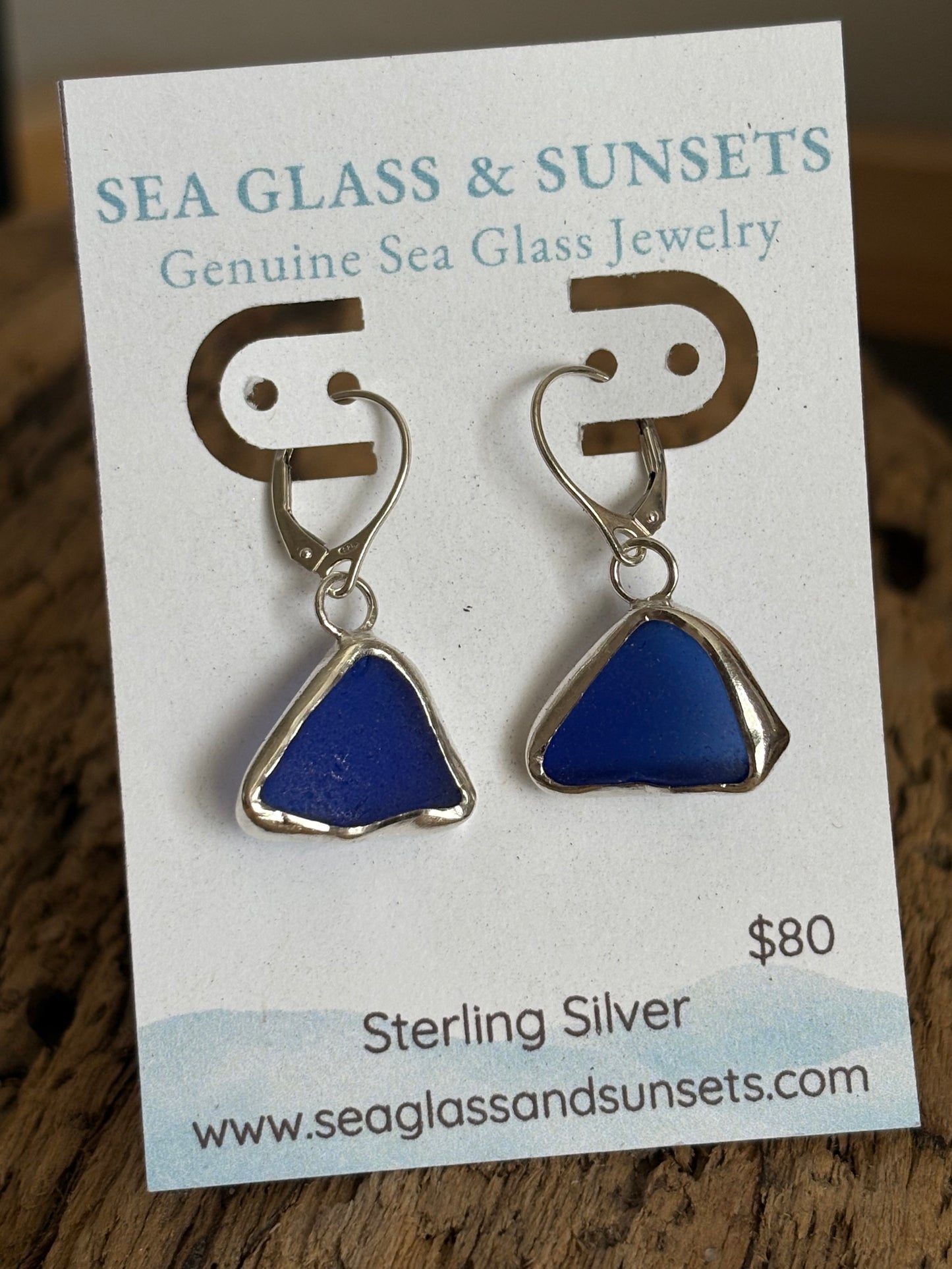 Cobalt Blue Sea Glass Open Bezel Sterling Silver Dangle Earrings
