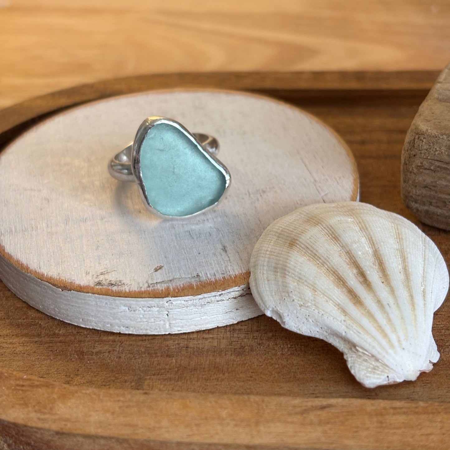 Adjustable Aqua Sea Glass Ring | Sterling Silver | Genuine Sea Glass