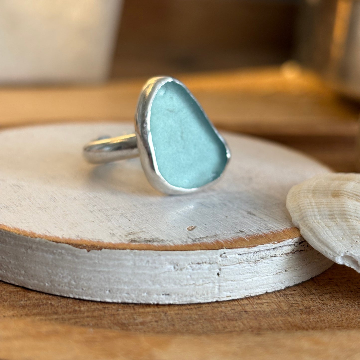 Adjustable Aqua Sea Glass Ring | Sterling Silver | Genuine Sea Glass
