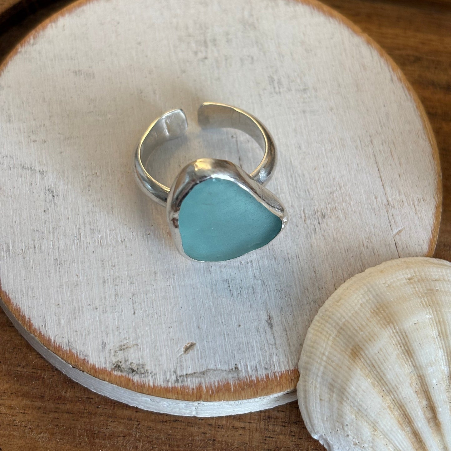 Adjustable Aqua Sea Glass Ring | Sterling Silver | Genuine Sea Glass