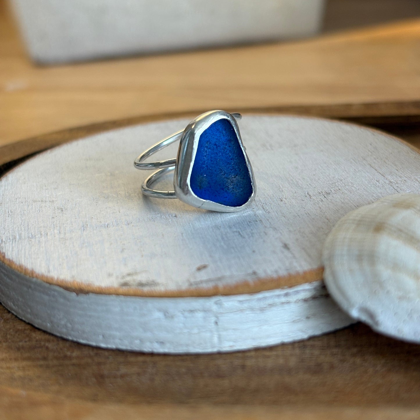 Cobalt Blue Sea Glass Double Band Ring | Sterling Silver | Genuine Sea Glass